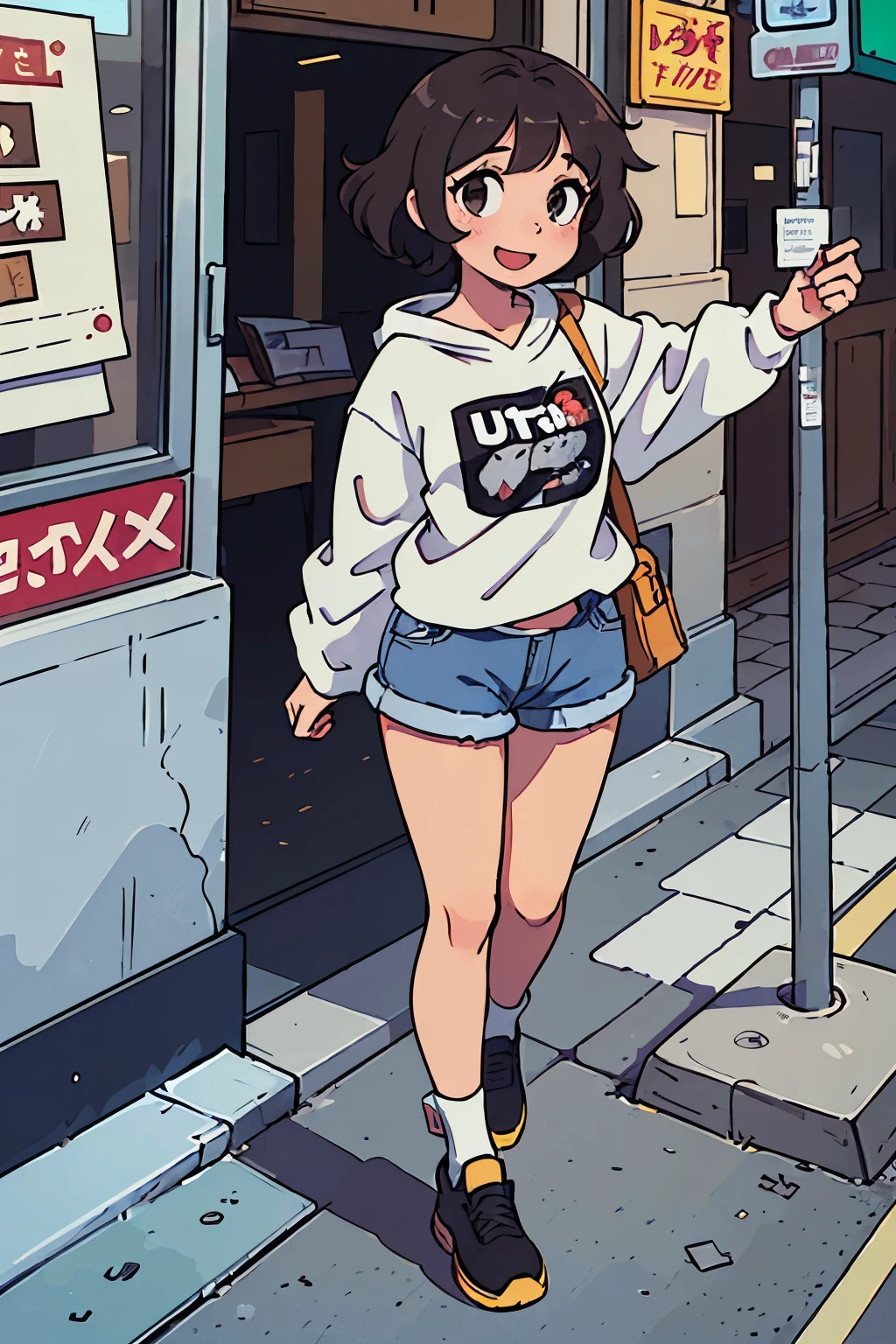 (Mejor calidad:0.8) perfect anime illustration, una bonita, Happy brunette woman with short curly brown hair on the city street, usando una sudadera con capucha, falda con media larga y zapatos negros