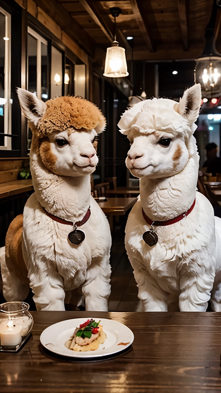 A lifelike human-like alpaca couple，Sitting at the table in casual clothes，Enjoying a delicious dinner。Female alpaca white fur wearing sexy dress，Male alpaca with orange brown fur wearing handsome costume。The table is full of plates、tableware、Red wine glass and candle。The meal in front of them consisted of rice、chicken、salad and bottle of red wine。Alpacas smiling at each other，Look at each other with love。Outside the restaurant window is the city skyline and the beautiful little moon。Alpacas are chubby and look particularly cute。There is a bottle of red wine on the table。