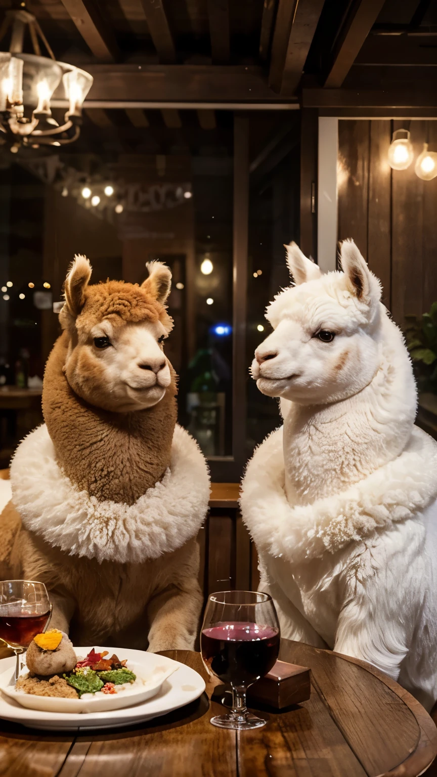 A lifelike human-like alpaca couple，Sitting at the table in casual clothes，Enjoying a delicious dinner。Female alpaca white fur wearing sexy dress，Male alpaca with orange brown fur wearing handsome costume。The table is full of plates、tableware、Red wine glass and candle。The meal in front of them consisted of rice、chicken、salad and bottle of red wine。Alpacas smiling at each other，Look at each other with love。Outside the restaurant window is the city skyline and the beautiful little moon。Alpacas are chubby and look particularly cute。There is a bottle of red wine on the table。