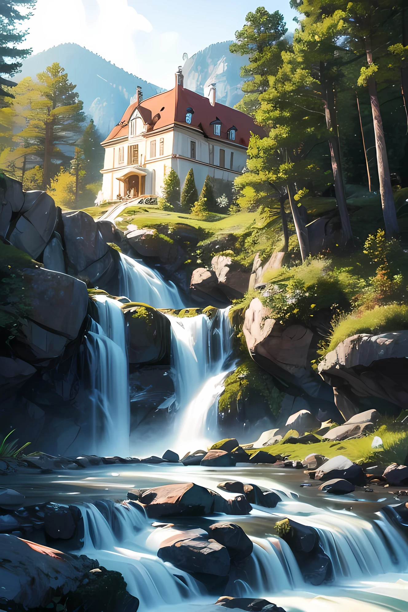 Snow White House,Natural,forest, park,trees, mountain highest detailed masterpiece extremely colorful masterpiece extremely colorful highest,dslr,uhd,8K, upscaling details,