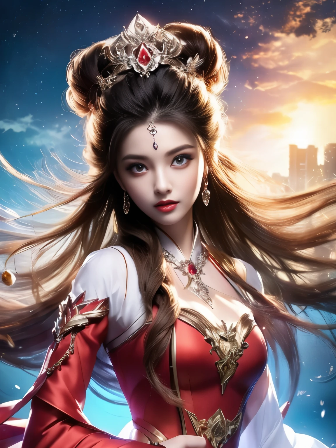8K Ultra HD, elder brother, a girl, Good face, Detailed pubic hair, Eye, beautiful lips, Hair is very red, unfold your hair, Moderate, Wedding dress, red dress, In the park, bird in flight, windy, beautiful weather, sitting, whole body capture,