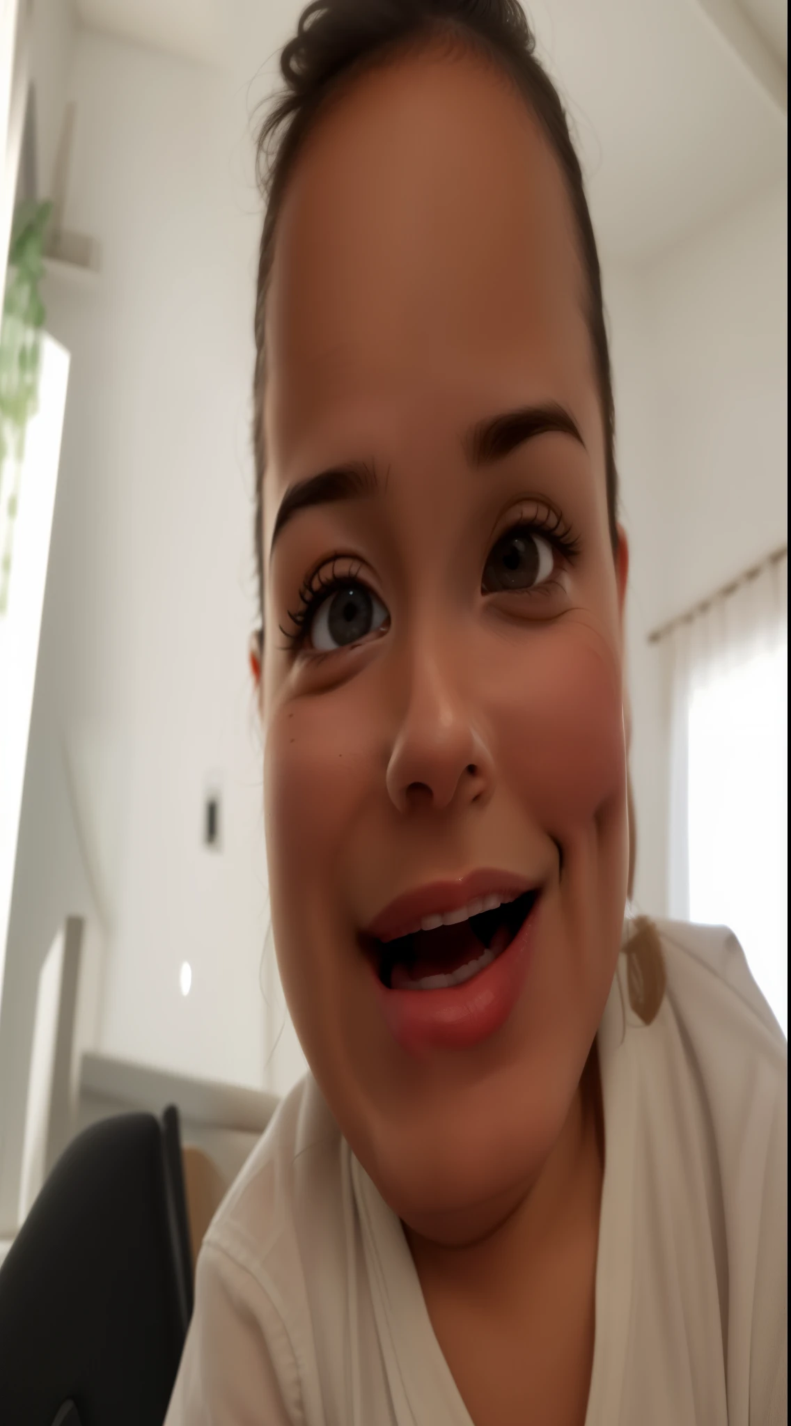 Smiling baby in a white shirt and a black chair in a room., happily smiling at the camera, smiling at the camera, feliz con la boca abierta, sonriendo y mirando directamente, linda cara tonta, sonrisa muy grande, el es muy feliz, ella esta sonriendo y feliz, casi sonriendo, gran sonrisa en su cara, smiling at the camera, Smiling for the camera