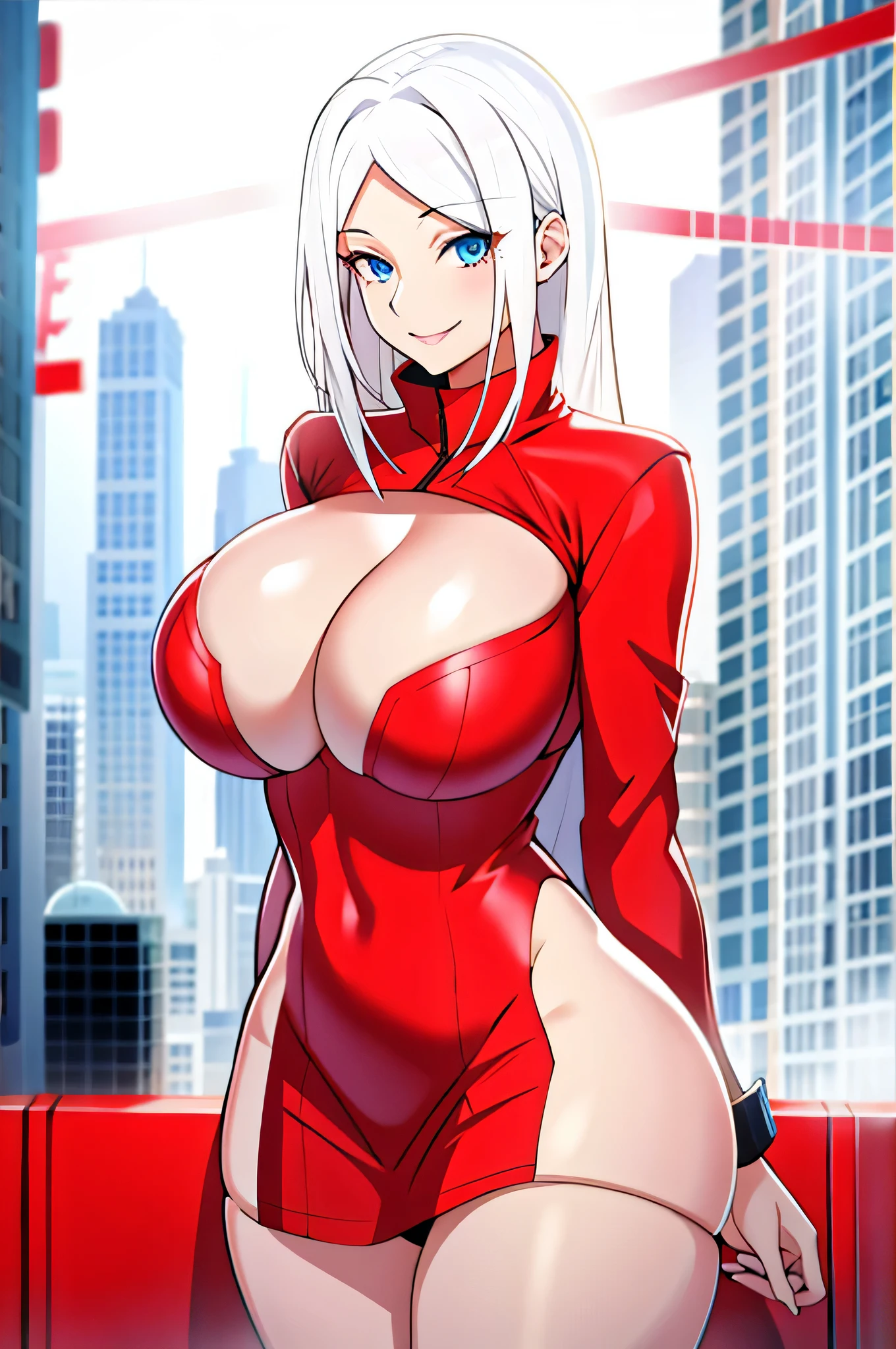 long white hair, blue eyes, solo, smiling, standing, upper body, hips, gigantic breasts, red clothes
