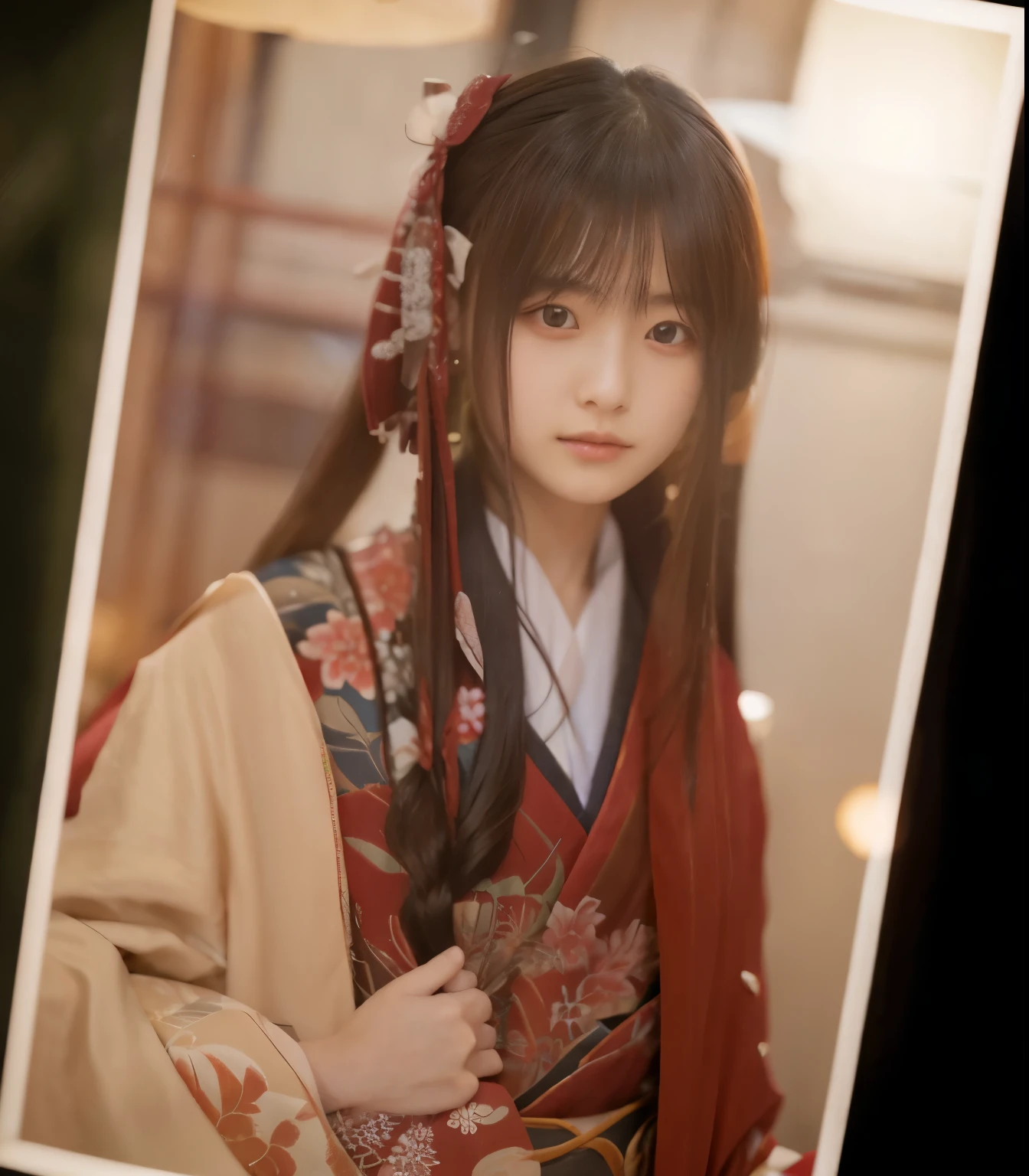 1girl, Ayano Miyama, red kimono, long hair, black hair, beautiful, realistic, ultra detail, 70mm lens, super detail, in the photo, best photography