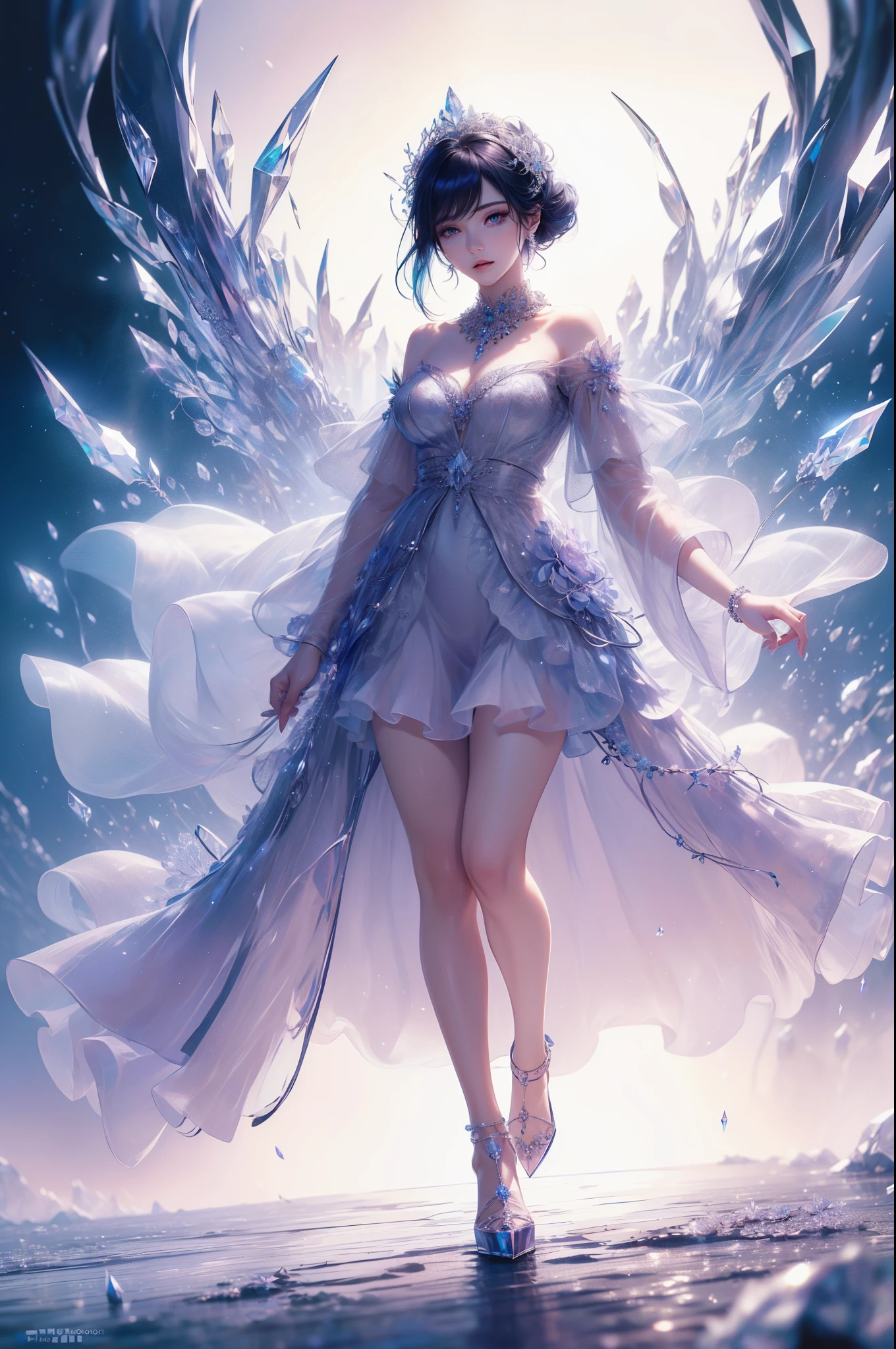 masterpiece,Highest resolution,((((diamond)))),Noble beauty dynamic avatar,Blue hair elegantly tied up,,jewelry,adiamondnecklace,(((wearing a huge cloak))),Purple clear eyes,(((Hair covered with beautiful and delicate floral arrangements, crystal jewelry filigree))),Super detailed details。