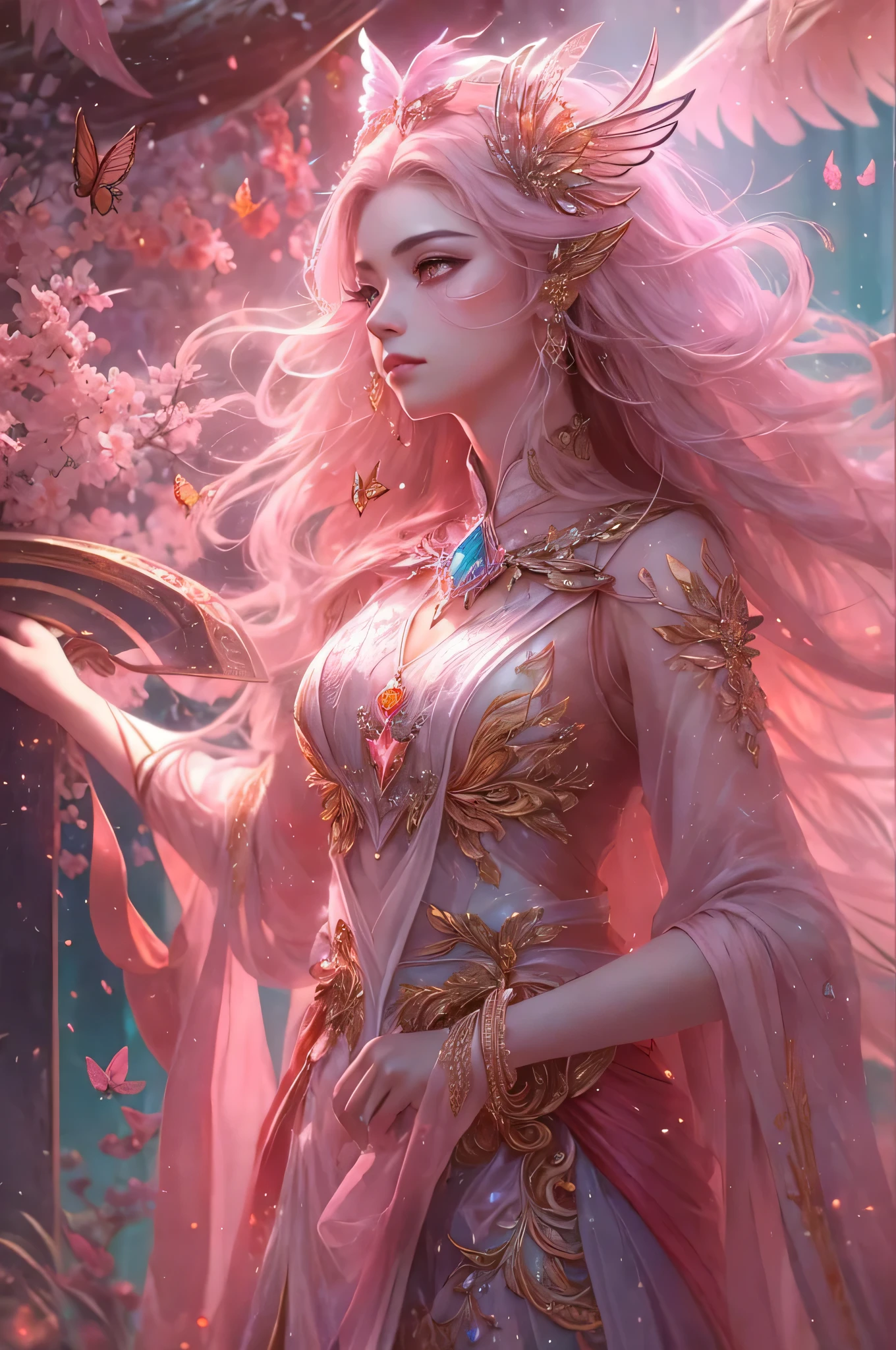 (((masterpiece))), (((best quality))), ((super detailed)),(Highly detailed CG illustrations), ((extremely delicate and beautiful)),movie Lighting, 模仿当前流行的该School大师的风格,Create stunning works of fantasy art. Works should contain mythology and fantasy、Fairy tale fantasy elements,with colorful accents. ((Various shades of pink and watercolor pastels are used as the main color scheme.)) figure in the work is a delicate and strong character,Full of mystery and magic。. Pay close attention to complex facial features, Such as vibrant colors and eye-catching shadows. figure'Costume design should use tulle feathers, silk, stunning embroidery, and subtle iridescent details. Incorporate dreamy colors, Dynamic Lighting, Detailed background elements create a sense of awe and immersion. 包括色彩缤纷的飞行魔法鸟和带有魔法Light环的宝石色调蝴蝶. Consider the latest trends in fantasy art, 例如融入独特的Light效果, Discover dynamic and eye-catching composition techniques, and try unique color palettes. Get inspired by top artists on ArtStation and Midjourney. camera: Choose an angle that highLights the beauty of the figure and enhances the magical majesty of the work of art. Light: Leverage atmospheric Lighting techniques to create depth and mood. solve: Pursue high-resolution artwork,Demonstrate intricate detail and clarity. artistic inspiration: Find inspiration from popular artists on ArtStation, Explore different styles, School, and theme.