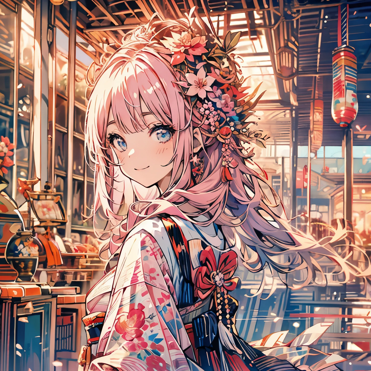 highest quality、masterpiece、anime girl、pink hair、smile、Upper body、beautiful kimono、Cherry blossoms are dancing