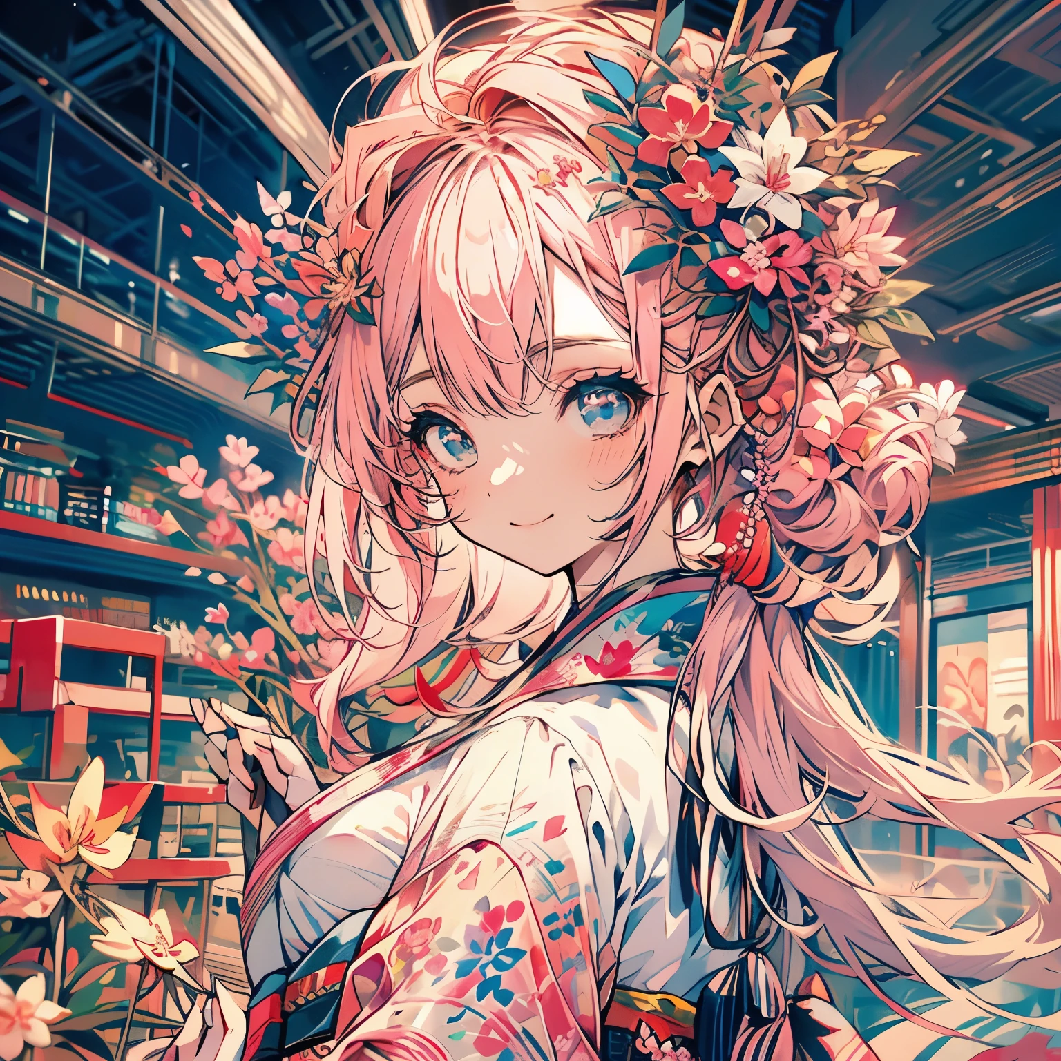 highest quality、masterpiece、anime girl、pink hair、smile、Upper body、beautiful kimono、Cherry blossoms are dancing