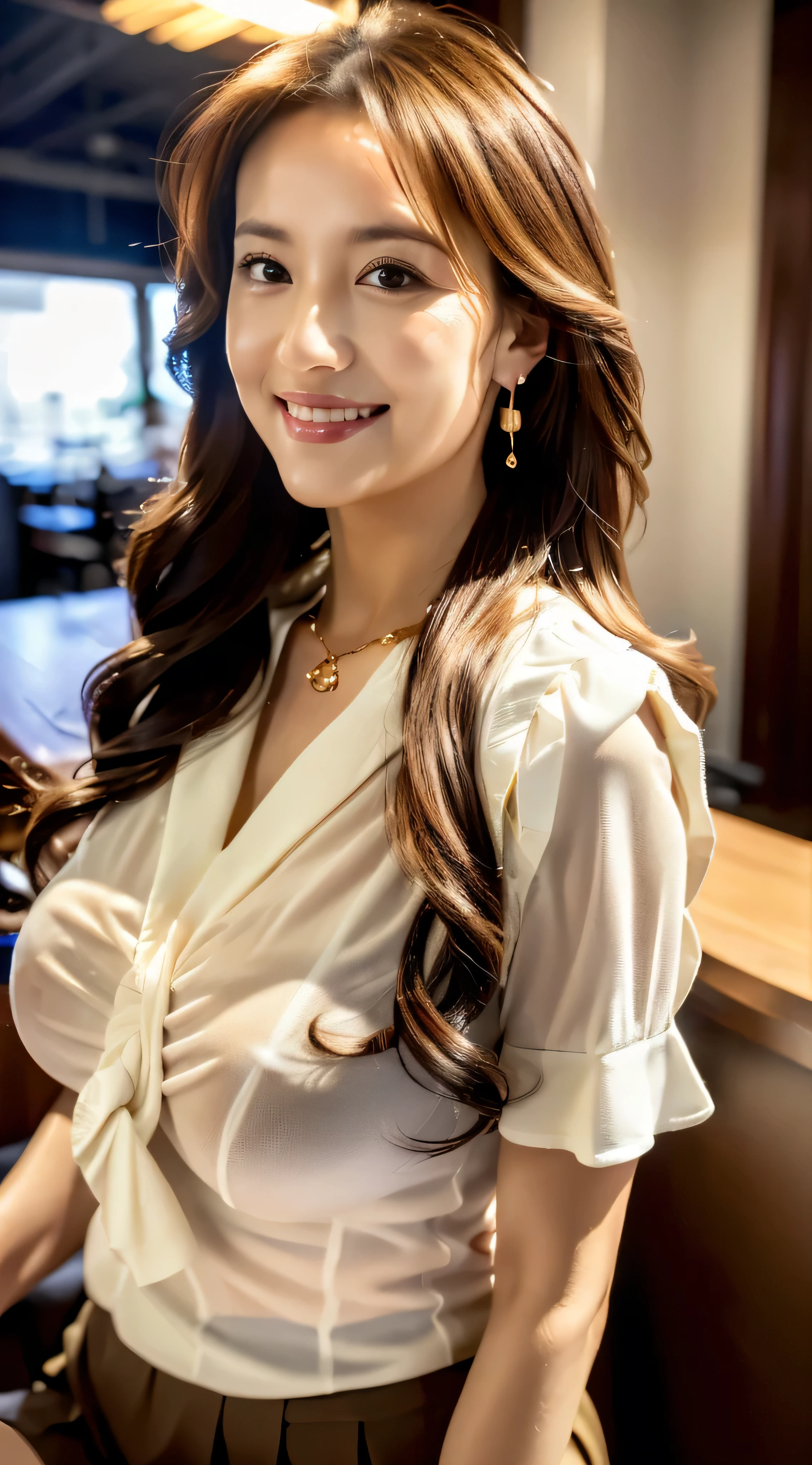 ulzzang -6500-v1.1, (Raw photo:1.2), (Photorealsitic), Beautiful detailed, (Real: 1.4), ighly detailedな目と顔, beatiful detailed eyes, Standing in the office、(Ultra-realistic pantyhose、high-heels)、Standing cross-legged、huge filesize, hight resolution, ighly detailed, top-quality, [​masterpiece:1.6], illustratio, ighly detailed, nffsw, finely detail, top-quality, 8k wallpaper, Cinematographic lighting, 1 milf, 43 yeas old, perfect body type, Cute sagging eyes,Beautiful big eyes、Pieckfinger, ((masutepiece)), Best Quality, 1 milf, eye shadow, Portrait, ((FULL BODYSHOT:1.4))、(Very affectionate smile:1.2)、((Brown-colored super long hair:1.2))((Loose and wavy hair:1.3))((white collared ruffle blouse＿See-through sleeves＿White miniskirt＿Open up to the second button:1.2))((Gold Necklace＿large earring:1.3))(())