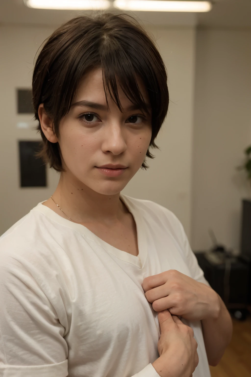 ((Mejor calidad)), ((Obra maestra)), (detallado), perfect face anime that the center of his shirt is kitty and his black hair is shaggy and that it is masculine