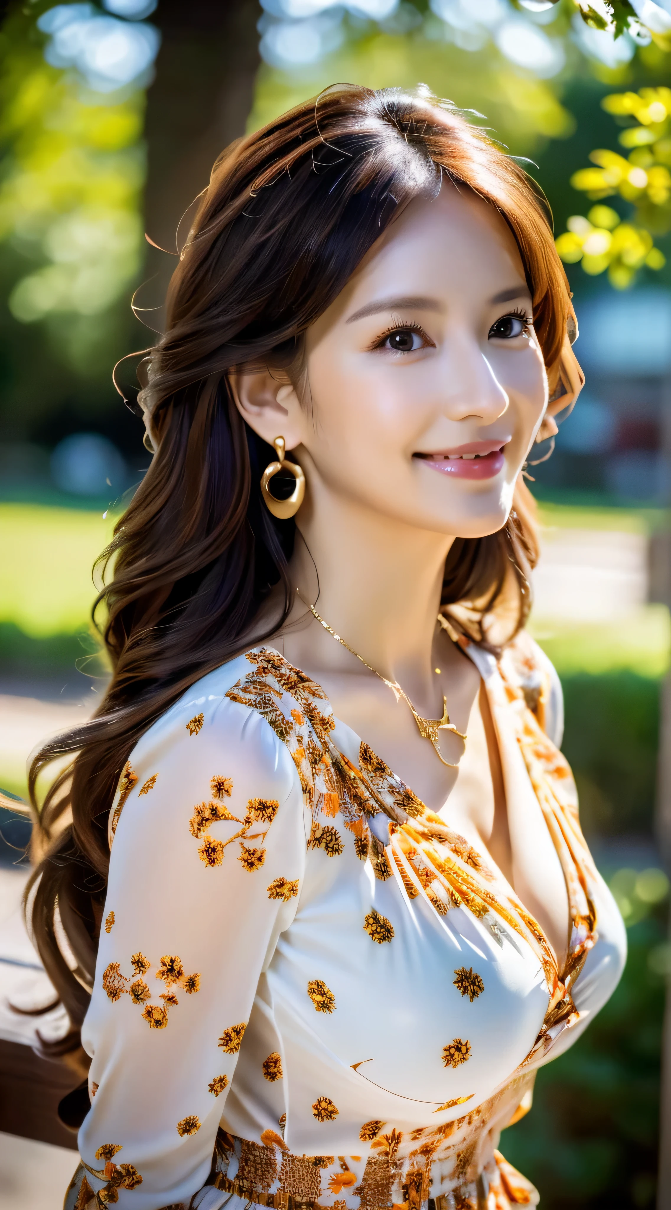 ulzzang -6500-v1.1, (Raw photo:1.2), (Photorealsitic), Beautiful detailed, (Real: 1.4), ighly detailedな目と顔, beatiful detailed eyes, Standing in the woods、(Ultra-realistic pantyhose、high-heels)、Standing cross-legged、huge filesize, hight resolution, ighly detailed, top-quality, [​masterpiece:1.6], illustratio, ighly detailed, nffsw, finely detail, top-quality, 8k wallpaper, Cinematographic lighting, 1 milf, 43 yeas old, perfect body type, Cute sagging eyes,Beautiful big eyes、Pieckfinger, ((masutepiece)), Best Quality, 1 milf, eye shadow, Portrait, ((FULL BODYSHOT:1.4))、(Very affectionate smile:1.2)、((Brown-colored super long hair:1.2))((Loose and wavy hair:1.3))((Floral blouse、Blouse with ribbon、Flashy orange and white printed dress, :1.2))((Gold Necklace＿large earring:1.3))((((full figure supermodel standing, entire body in frame))))
