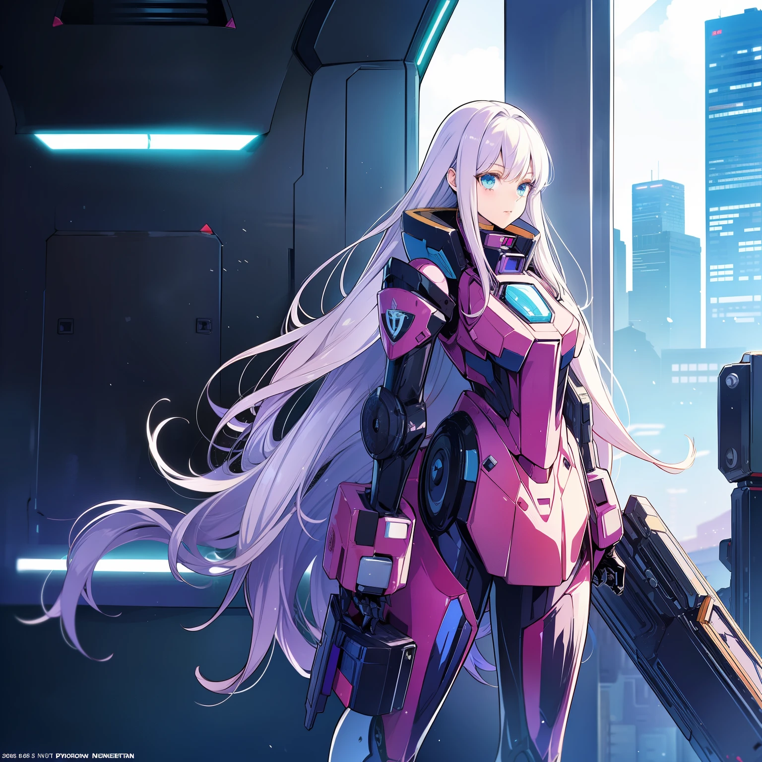 personagem de anime com uma arma enorme na frente de uma cidade, mecha de anime, modern mecha de anime, girl with mecha cybernetic armor, anime mecha aesthetic, a large anime mecha robot, aesthetic lock, mecha feminino, anime manga robot!! anime, estilo mecha legal, mecha de anime gigante, cyberpunk anime mech
