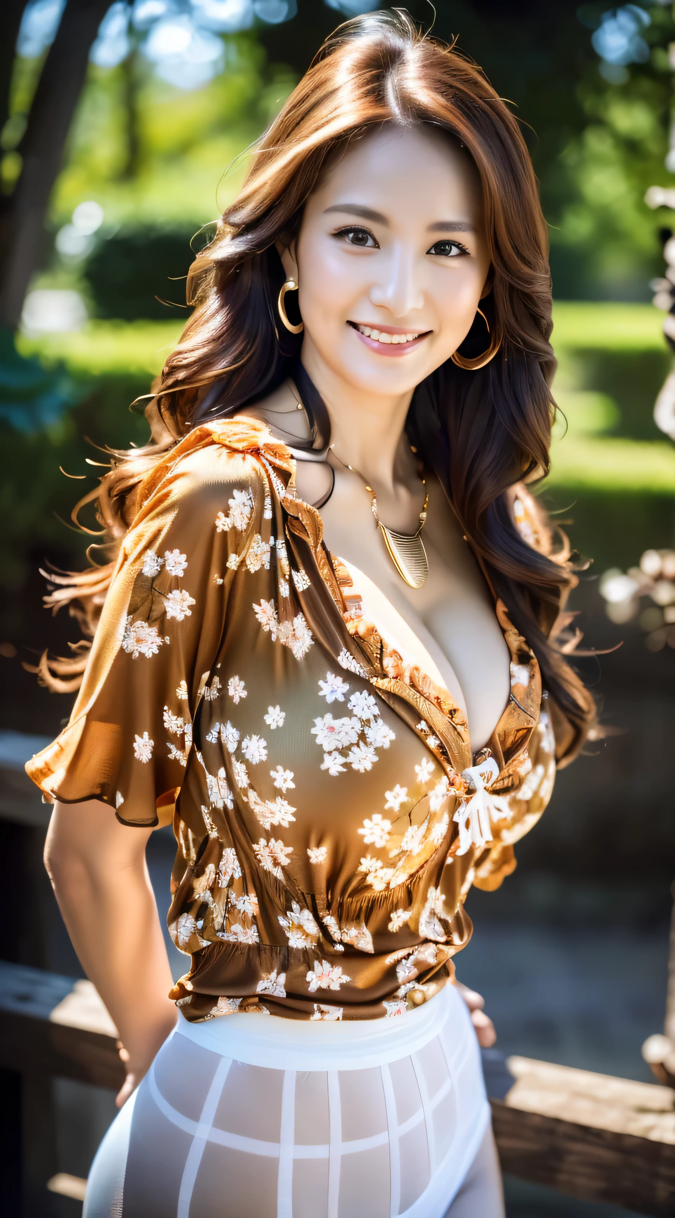 ulzzang -6500-v1.1, (Raw photo:1.2), (Photorealsitic), Beautiful detailed, (Real: 1.4), ighly detailedな目と顔, beatiful detailed eyes, Standing in the woods、(Ultra-realistic pantyhose、high-heels)、Standing cross-legged、huge filesize, hight resolution, ighly detailed, top-quality, [​masterpiece:1.6], illustratio, ighly detailed, nffsw, finely detail, top-quality, 8k wallpaper, Cinematographic lighting, 1 milf, 43 yeas old, perfect body type, Cute sagging eyes,Beautiful big eyes、Pieckfinger, ((masutepiece)), Best Quality, 1 milf, eye shadow, Portrait, ((FULL BODYSHOT:1.4))、(Very affectionate smile:1.2)、((Brown-colored super long hair:1.2))((Loose and wavy hair:1.3))((Floral blouse、Blouse with ribbon、Flashy orange and white printed dress, :1.2))((Gold Necklace＿large earring:1.3))((((full figure supermodel standing, entire body in frame))))
