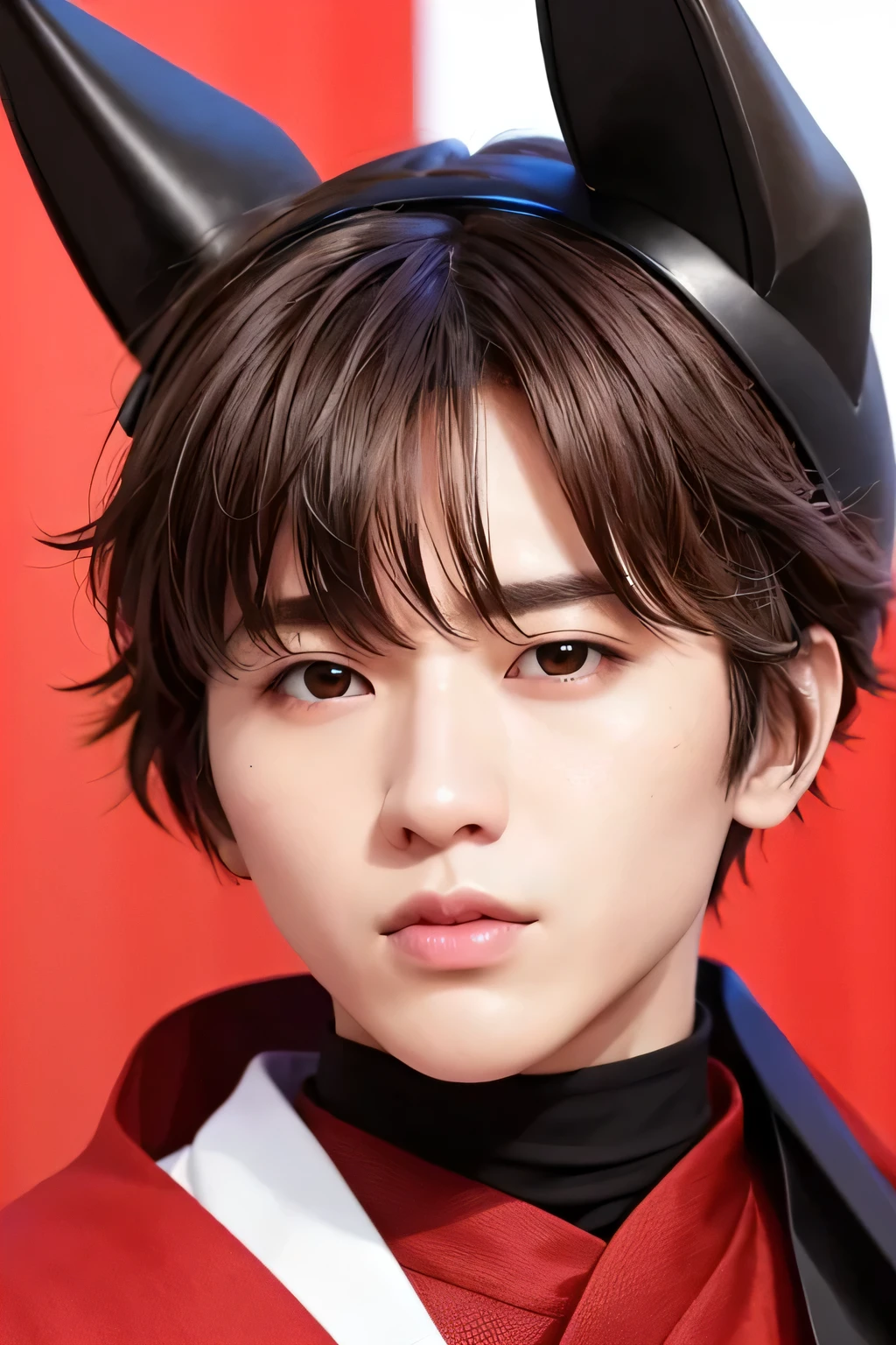 1 person、high quality、masterpiece、4k、、realistic skin、rough skin、(close-up shot of face:1.23)、、Dog Headgear、、black and red