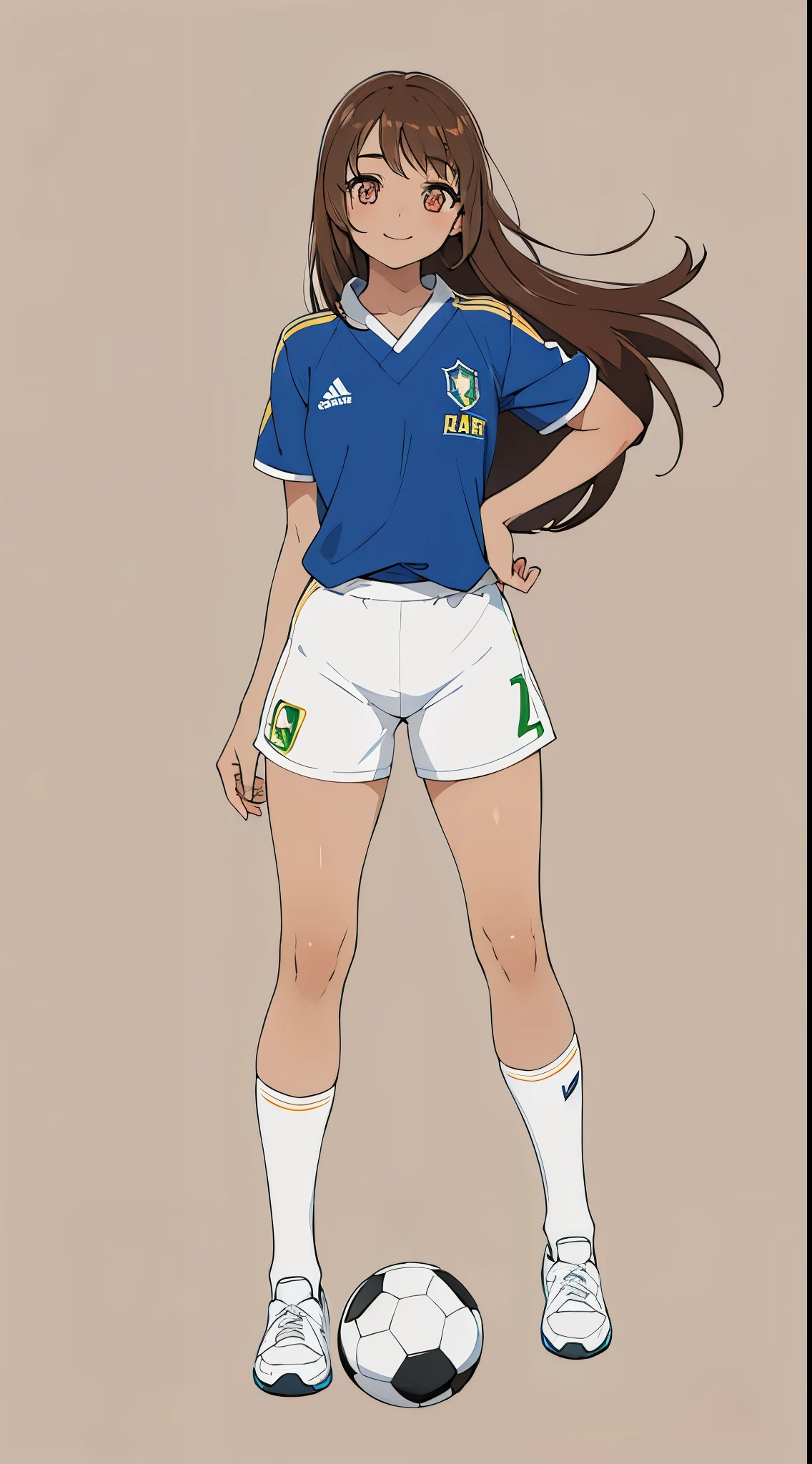 1 girl sigle, long brown Haircurt, eyes color brown, japanese half brazilian, light skin, body type athlete body, full body, wearing soccer uniform, age 18, Height 160cm, Breast cup C, light skin, stand pose, smile, Brasil paulo background, masterpiece