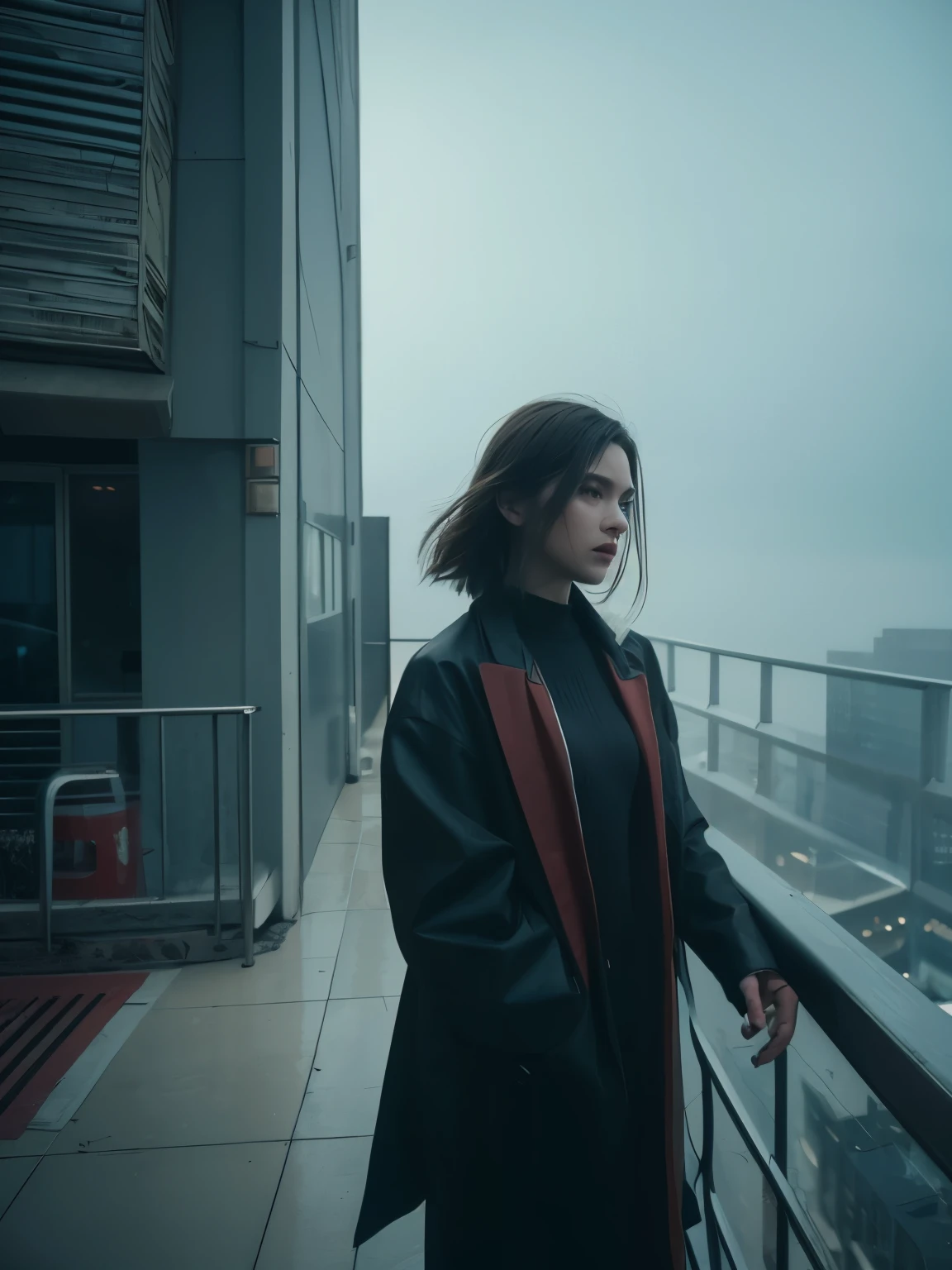 abstract color, texture, film grain, skin pores:0.an intricate and dramatic portrait,Depicts a beautiful windblown sci-fi scientist standing on a balcony overlooking a futuristic scene (sunpunk)1.2 cities, foggy morning, still frame, Blade Runner 2049, Punk hairstyle, Altered carbolog style)1.3 (film grain)1.3, Stephen Martinier Vadim Kassin Simon Stalenhag Michal Kalci Ismail Inceoglu