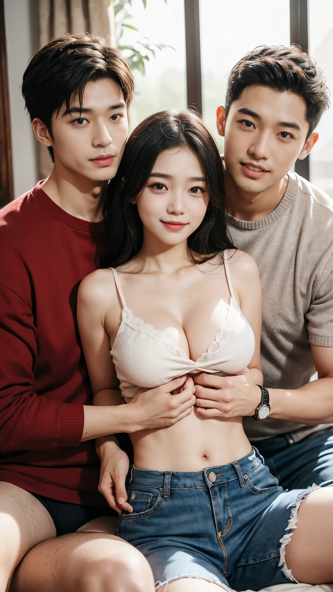(3 males、one 4 young girl:1.5),(friend,multiple,there are many men),((Three 55-year-old male politicians pose with a 4-year-oldt-ched girl.)),(A man grabs a girl's chest),(girl smiling shyly,smile,double eyelid,Drooping eyes,black hair,shortcut,There is a cleavage,belly button,thin legs),on the bed,indoor,