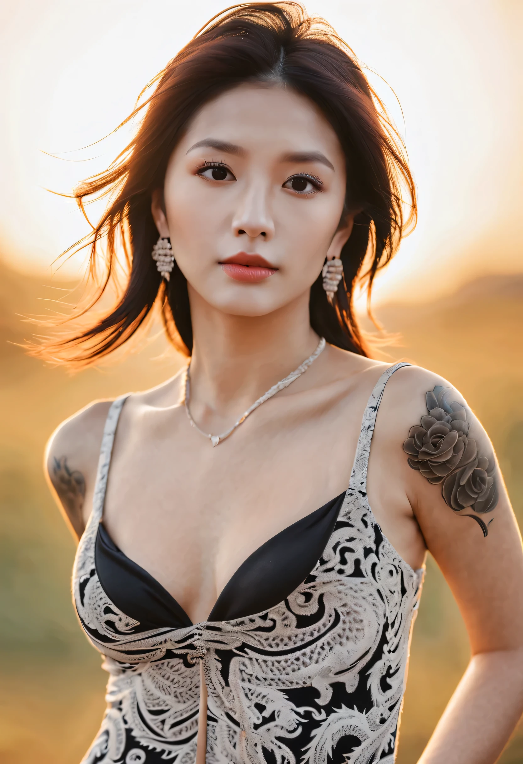 UHD 16k best quality portrait of an attractive single Asian girl, medium-sized breasts, (anatomically correct, finely detailed features, perfect body, perfectly flawless skin, super-detailed intricate dragon tattoos), (award winning), ((best quality)), masterpiece, detailed, edgy, (dramatic, confident, mirrorless, ultra-wide angle, sunset, lifestyle editorial, black and white, high, backlit)