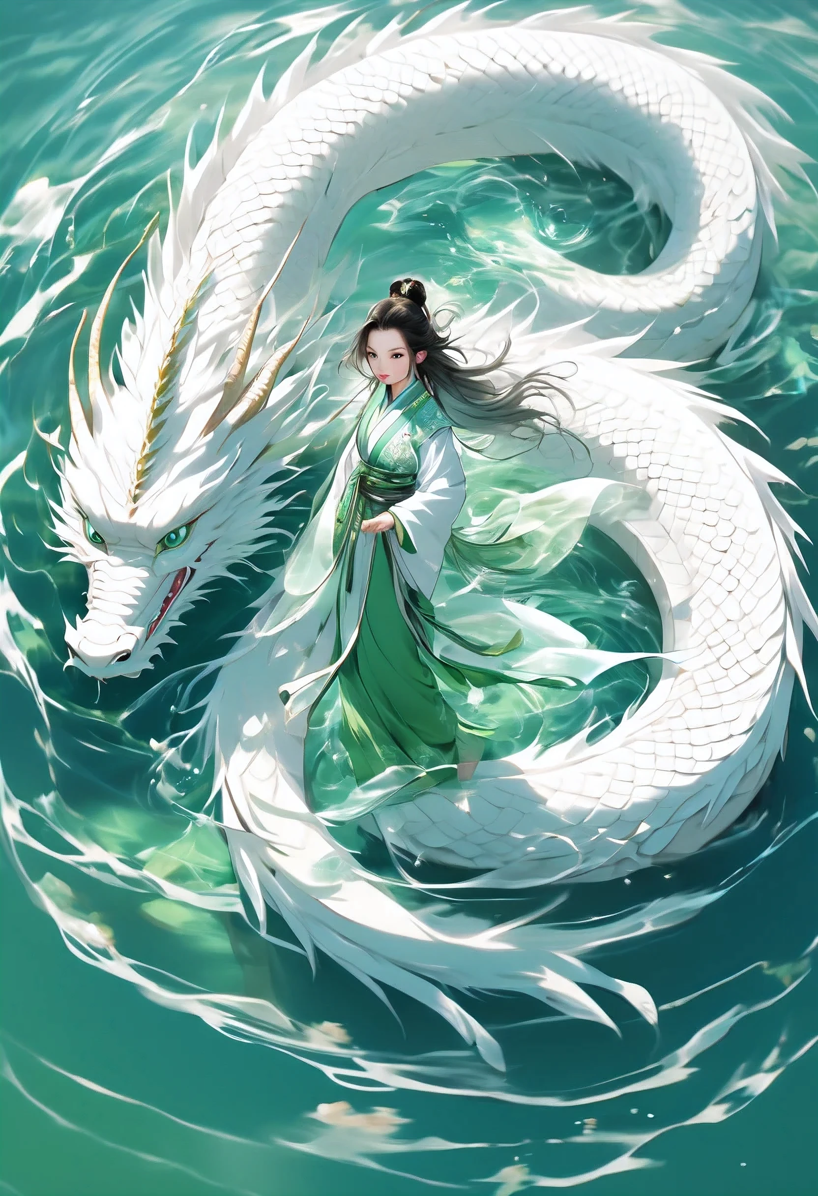 Hyperrealistic ,A white Chinese dragon swims under a lake, around a pretty girl in white,,in the style of birds-eye-view,Gorgeous national costumes,Green and cyan gradients,A circle of ripples formed on the water surface,blue-green lake water,Chinese Martial Arts World,Transparent lake water