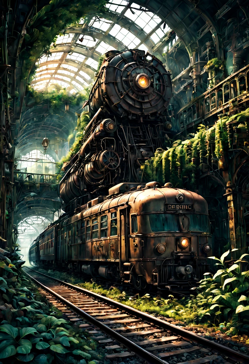 Train Station, aesthetic, steampunk derelict trains, railroads, stacked on top of each other in the jungle, covered with vines, plants, cogs, gears; epic lighting, cinematic, brilliant, stunning, intricate, meticulous, dramatic, atmospheric, maximalist, digital matte painting, mysterious, ominous, crepuscule, Moebius, golden hours