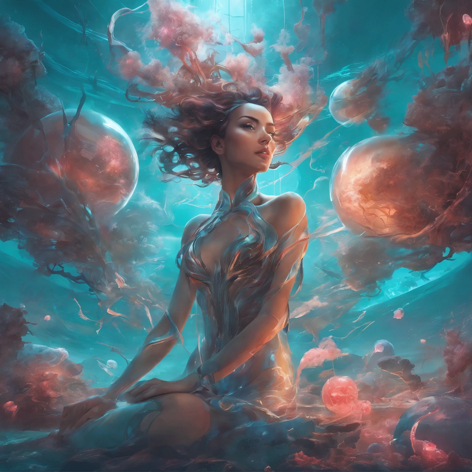 ModelShooting style, (чрезвычайно подробные обои CG Unity 8k), Chaotic storm of complex liquid smoke in the head, Stylized abstract portrait of beauty in full body, wet skin, Petros Afshar, Ross Tran, Tom Whalen, Peter Mohrbacher, type of microbe, Broken glass, ((playful underwater landscapes)) Octane radiant light provides high detail ((Evil Aesthetics))