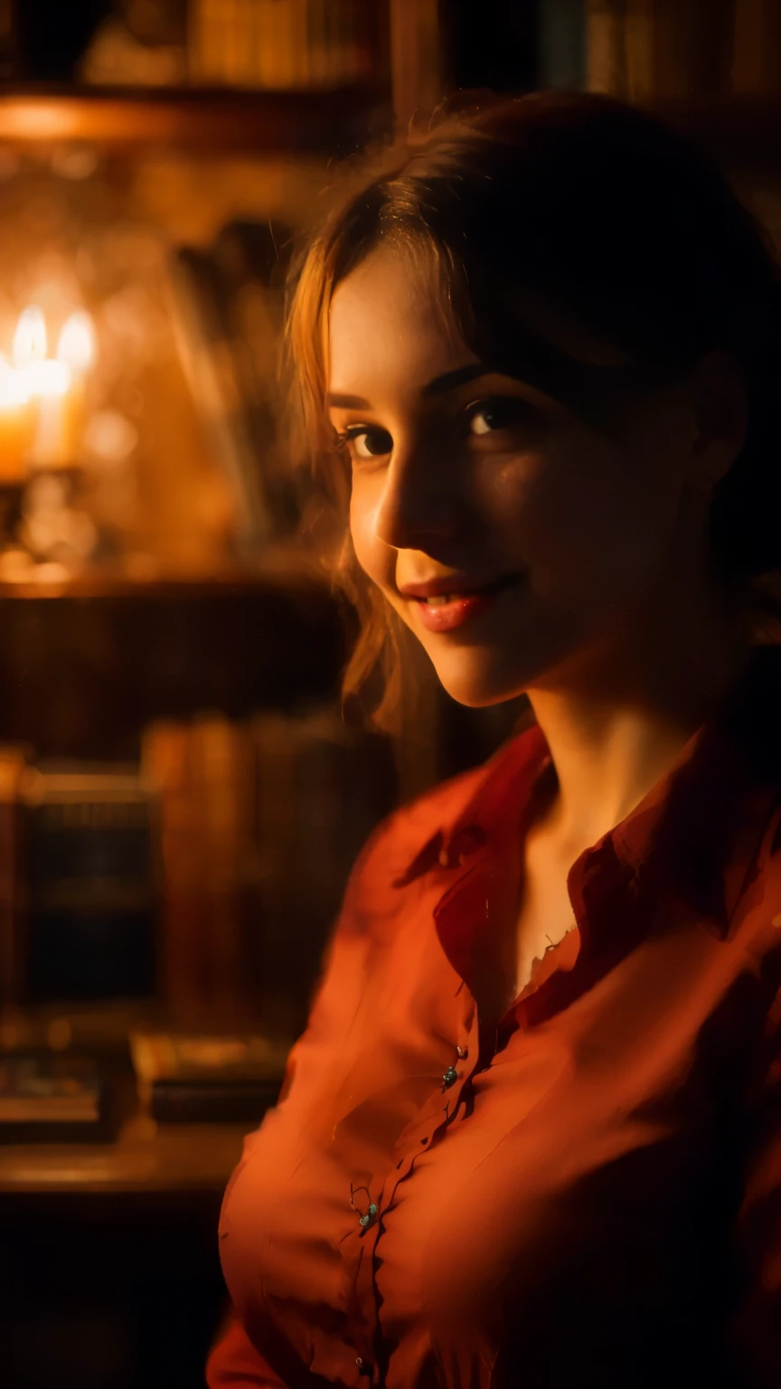 (Raw Style, Masterpiece, Best quality, ultra detailed), posing in her study, red velvet blouse, revealing cleavage, Charming smile, candlelit room, antique books, analog style, (wrinkled texture, granularity), cinematic light, soft side lighting, Gothic beauty in ultra high definition, enticing expression, dimly lit room, intriguing lighting.