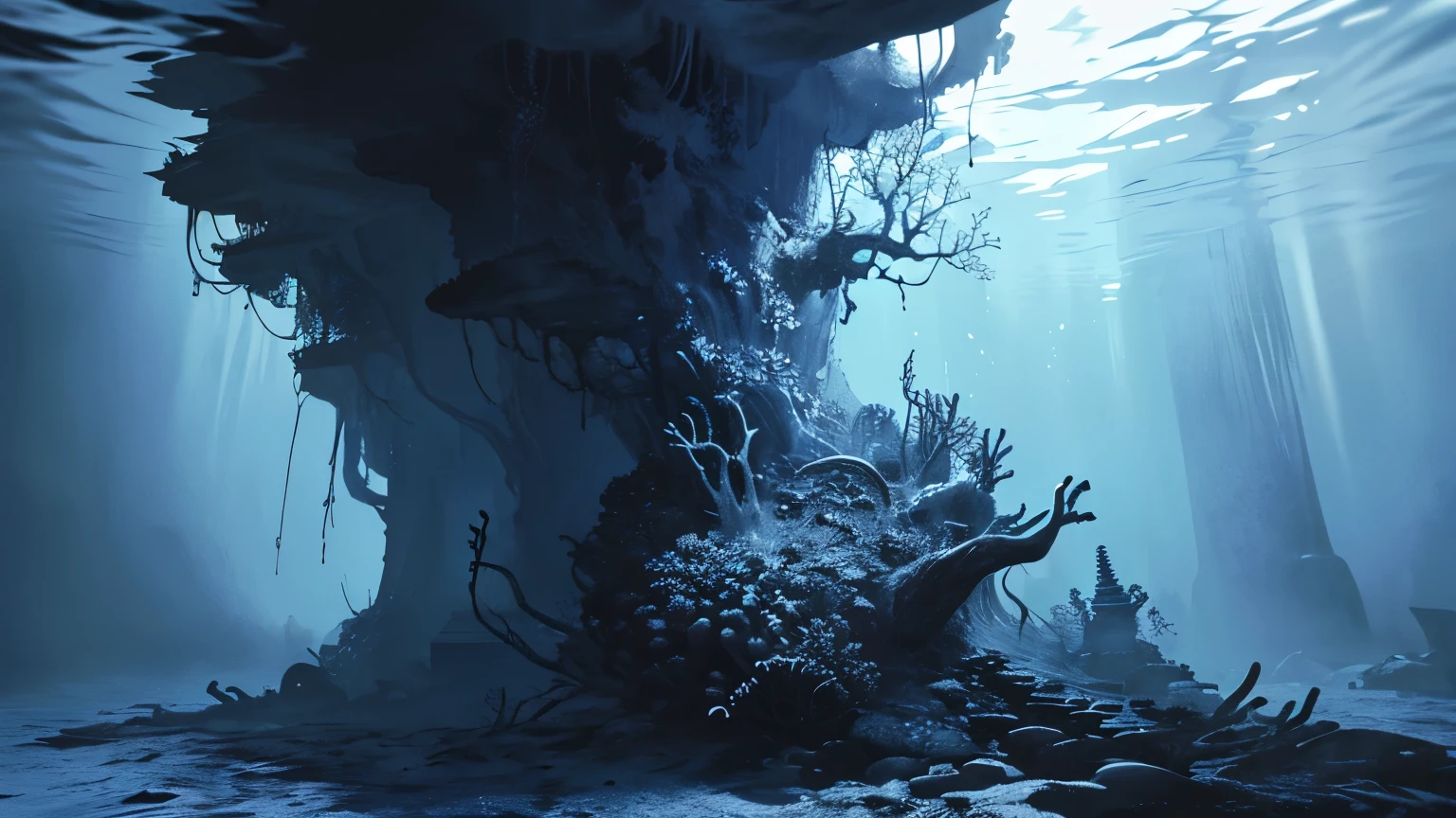 (masterpiece,best quality,ultra-detailed),non human,underwater,deep ocean,dark ambient, Lovecraftian setting,fluorecent coral,night