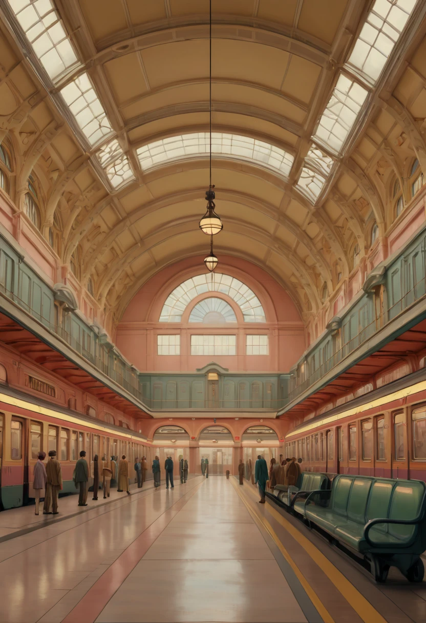 Train Station by Wes Anderson, best quality, masterpiece, Representative work, official art, Professional, Ultra intricate detailed, 8k