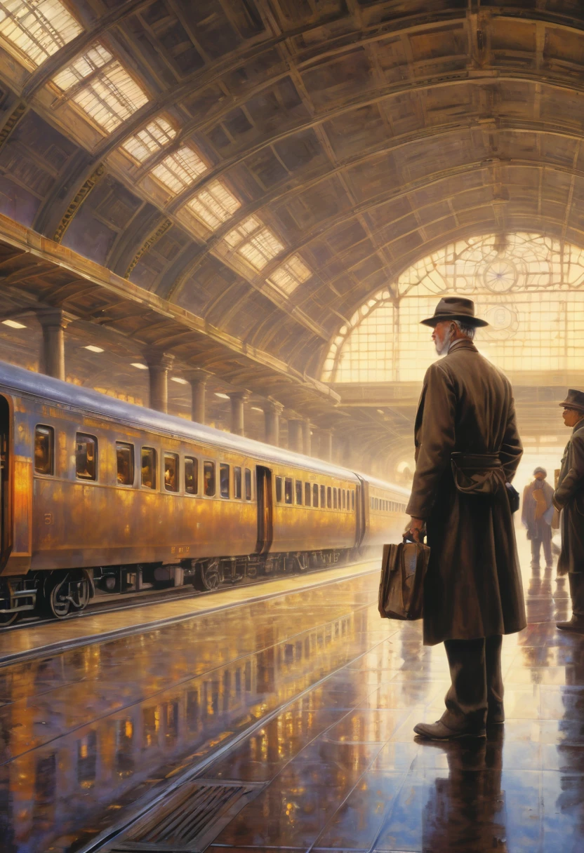 Train Station by Drew Struzan, best quality, masterpiece, Representative work, official art, Professional, Ultra intricate detailed, 8k