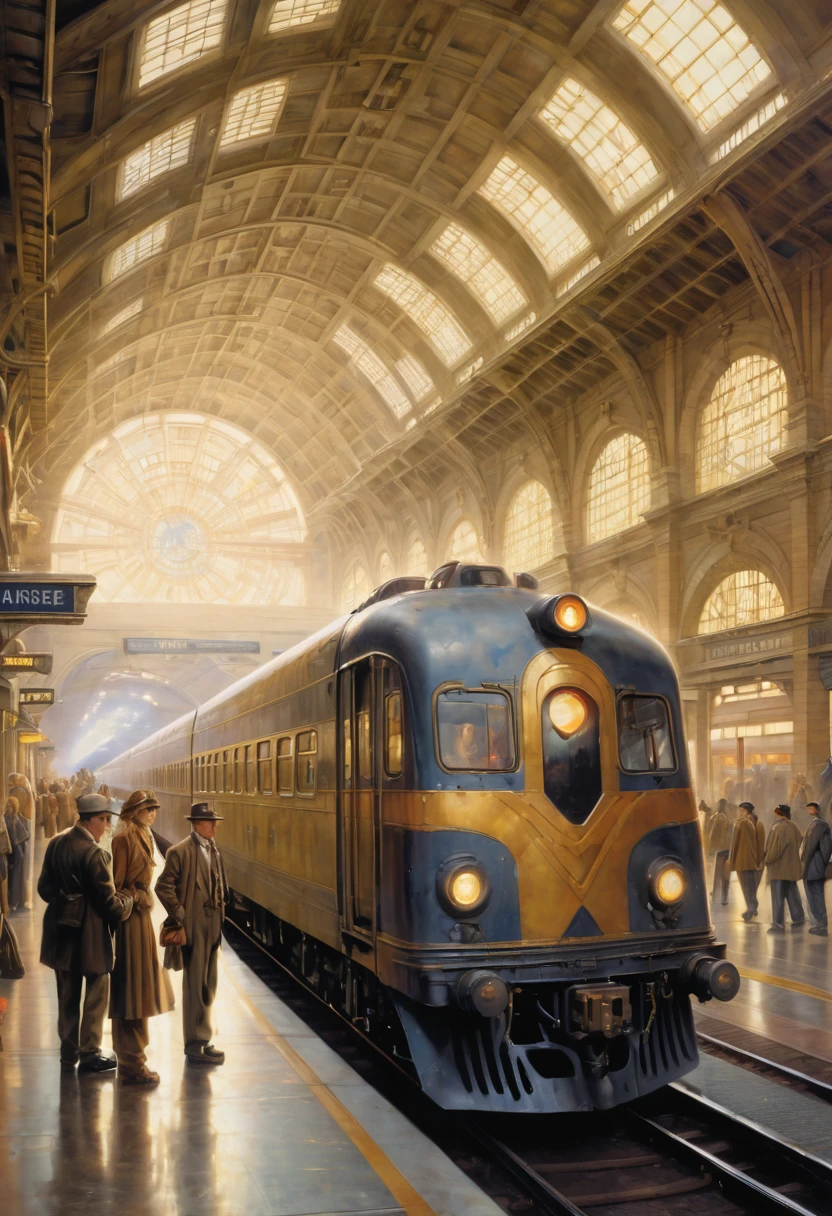 Train Station by Drew Struzan, best quality, masterpiece, Representative work, official art, Professional, Ultra intricate detailed, 8k