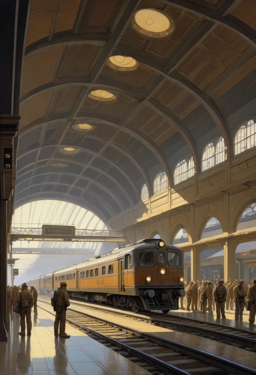 Train Station by Drew Struzan, best quality, masterpiece, Representative work, official art, Professional, Ultra intricate detailed, 8k