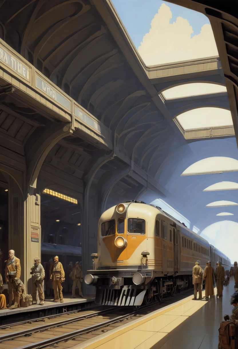 Train Station by Ralph McQuarrie, best quality, masterpiece, Representative work, official art, Professional, Ultra intricate detailed, 8k