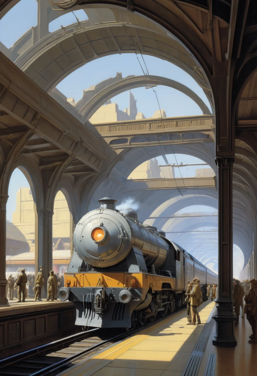 Train Station by Ralph McQuarrie, best quality, masterpiece, Representative work, official art, Professional, Ultra intricate detailed, 8k