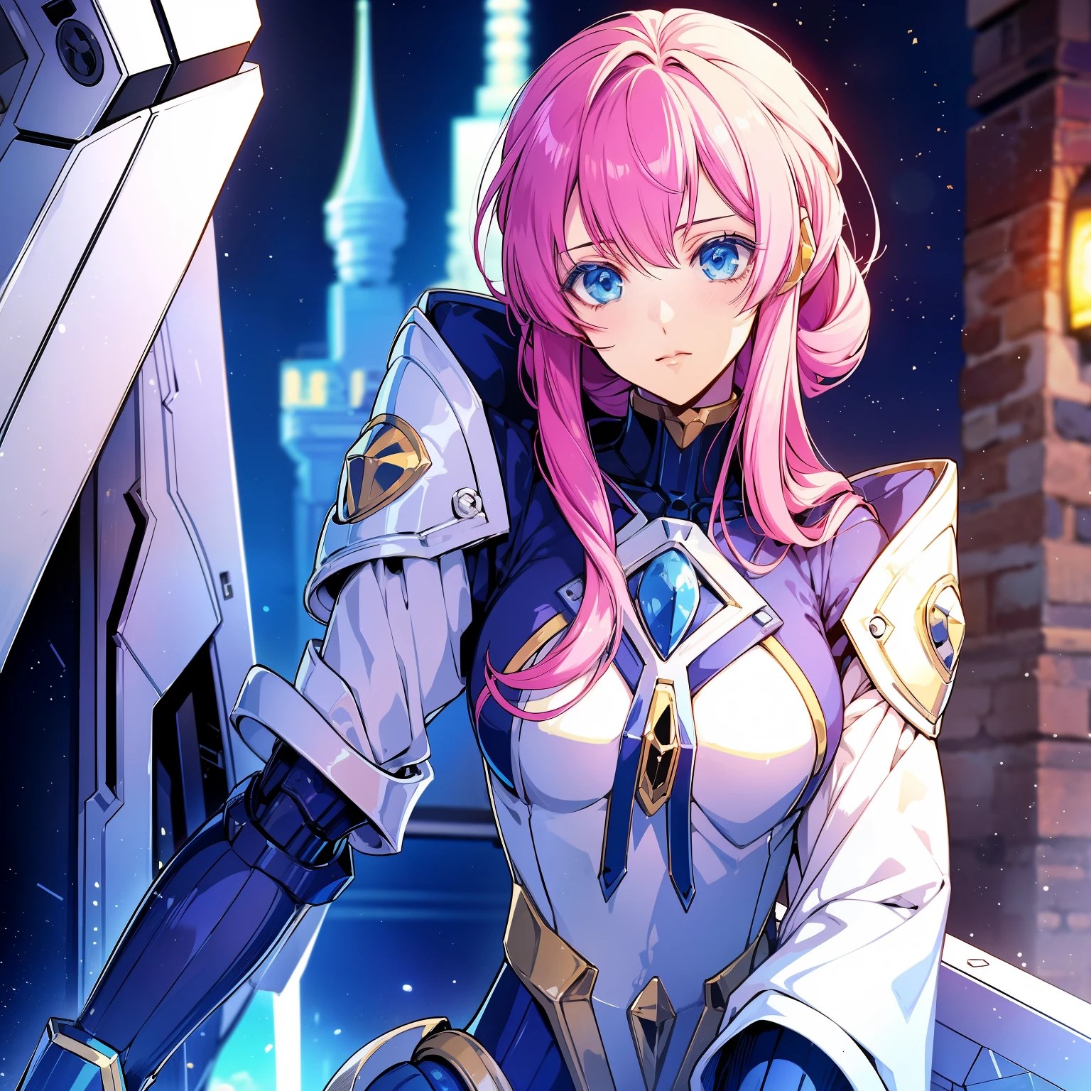 personagem de anime com uma arma enorme na frente de uma cidade, mecha de anime, modern mecha de anime, girl with mecha cybernetic armor, anime mecha aesthetic, a large anime mecha robot, aesthetic lock, mecha feminino, anime girl ga robot!! 
