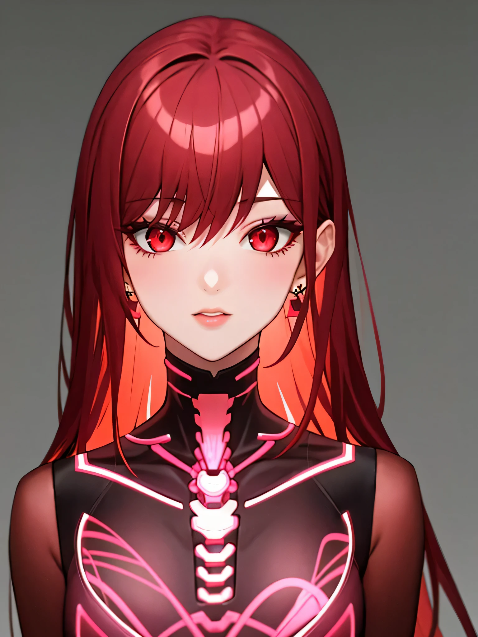 1 girl, One, long hair, I&#39;m looking at the viewer, Red eyes, Jewelry, Red hair, earrings, pointed ears, portrait, red glow (red light from eyes ) neon ((Ideal Anatomy)) ((Ideal Anatomy)) dark background, no hands visible in the frame
