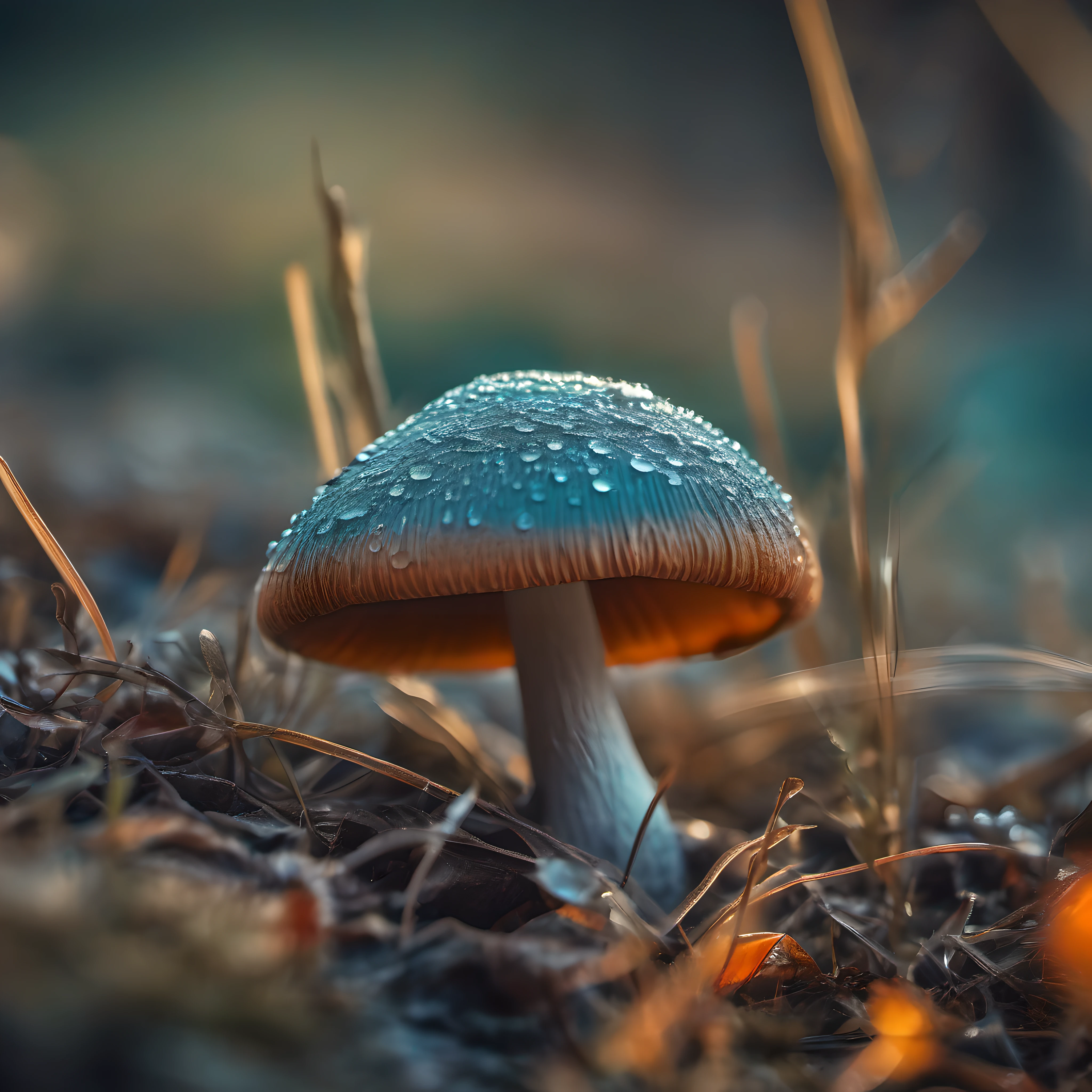 a close up of a mushroom on the ground, fade, slate grey, orange color search, (teal and orange: 0.7), Dawn light, morning dew, moist soil, grass growing, cinematic colors, vignette, key low, bright, dark depth of field