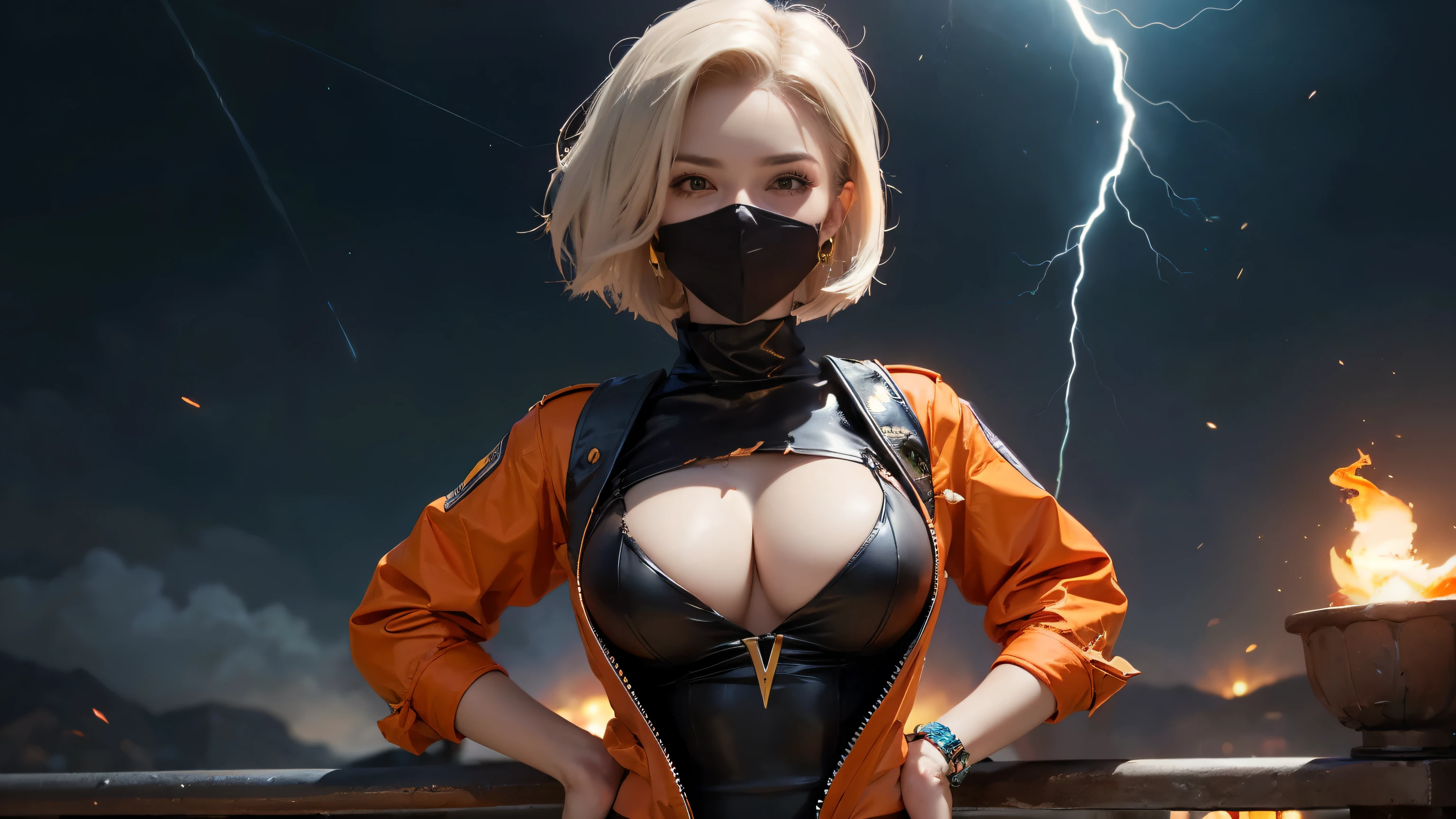((best quality)), ((masterpiece)), (detailed), perfect face, ((best quality)), ((masterpiece)), (detailed), Big tits girl, dragonball style, energie aura around a girl, goku, dragon ball, orange clothes,((power)), angry, energie, super powered, ((fireball on a hand)), looking ahead , ((stocking)), ((wearing orange mask)), ((volt energie around the girl)), ((sexy)), more fire, ((more dragon balls)) ,(lightning), big  on focus, (posing with her ) dragon balls, (((android 18 character))), white hair, very sexy, erotic, (her clothes are very torn)