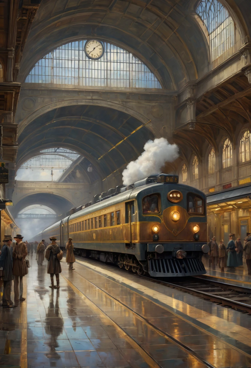 Train Station by Waterhouse, best quality, masterpiece, Representative work, official art, Professional, Ultra intricate detailed, 8k
