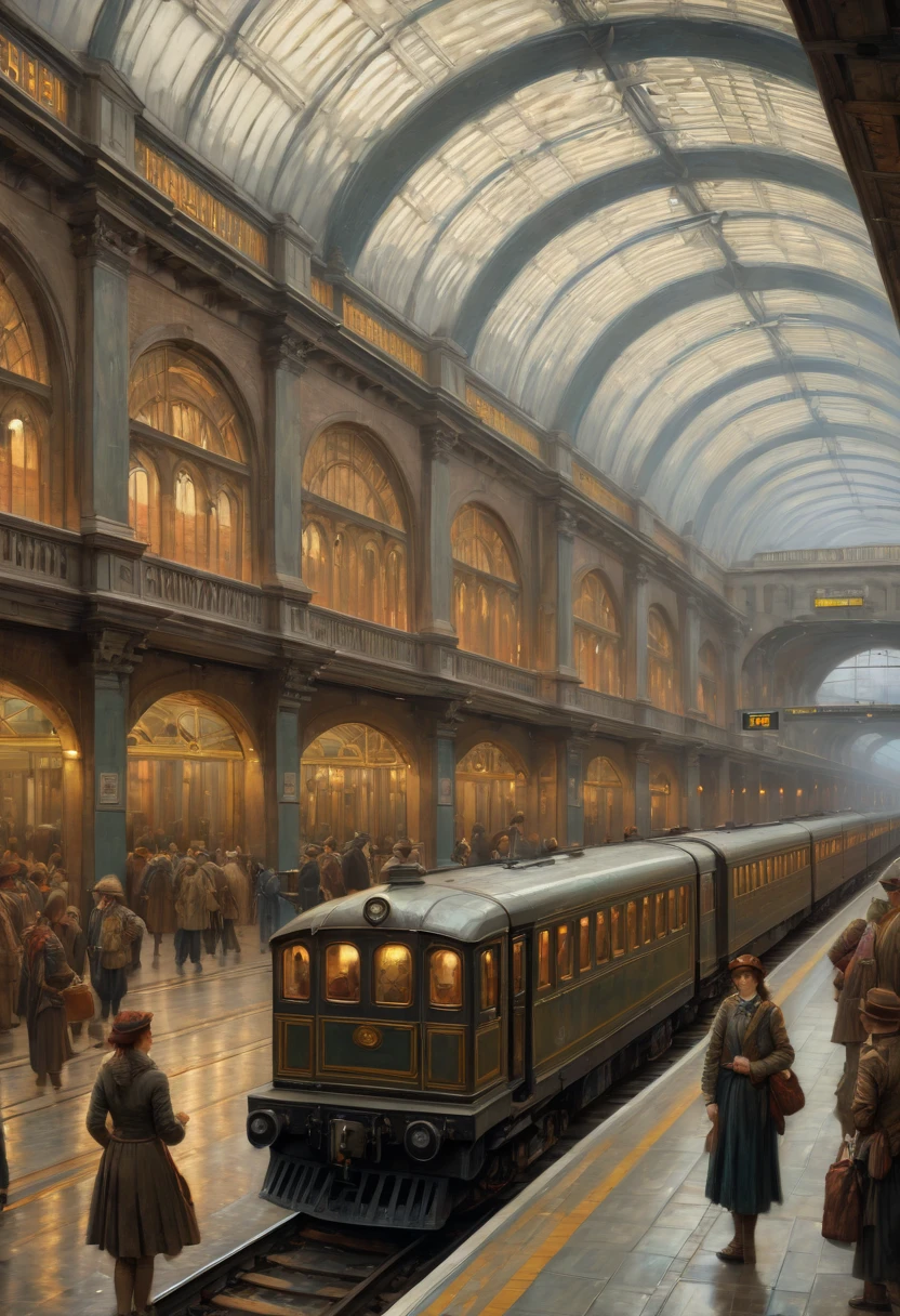 Train Station by Waterhouse, best quality, masterpiece, Representative work, official art, Professional, Ultra intricate detailed, 8k