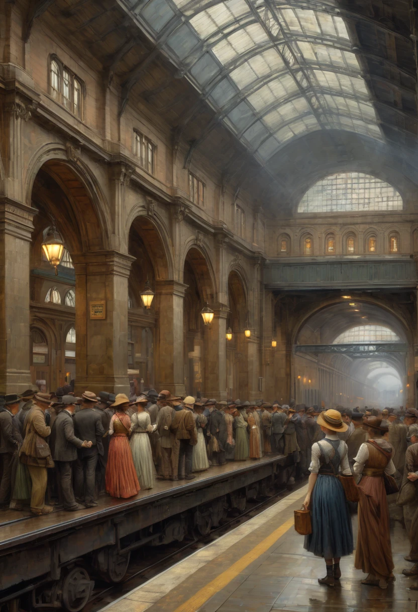 Train Station by Waterhouse, best quality, masterpiece, Representative work, official art, Professional, Ultra intricate detailed, 8k