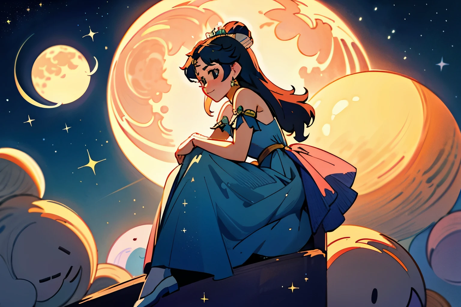 princess of the moon、Sitting on the moon、There are many house lights below、many starars、comet、Jupiter、Venus