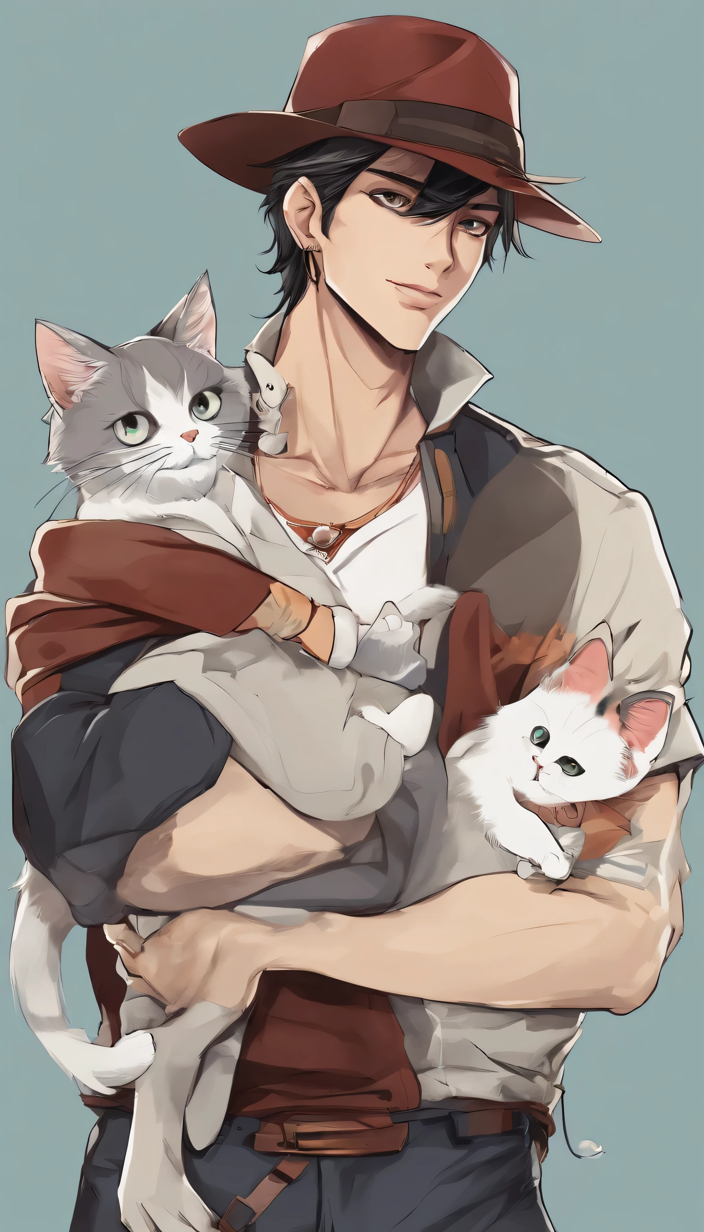Charm of character：anime style.Full body photos of handsome boys. his hair is dark red, cover forehead, His pupils are brown. Other facial expressions are normal，No need to smile. All he needs is an earring on one side, clothes and hats. He has haze blue pants, black shoes, and high heels. He holds a cat in his arms, black ears, and a white cat. he looks cute.（photo color）` One hand wants a bracelet，A pendant wants the moon.(best quality,4k,8k,high resolution,masterpiece:1.2),super detailed,(actual,photoactual,photo-actual:1.37),anatomically correct...city background.bokeh background