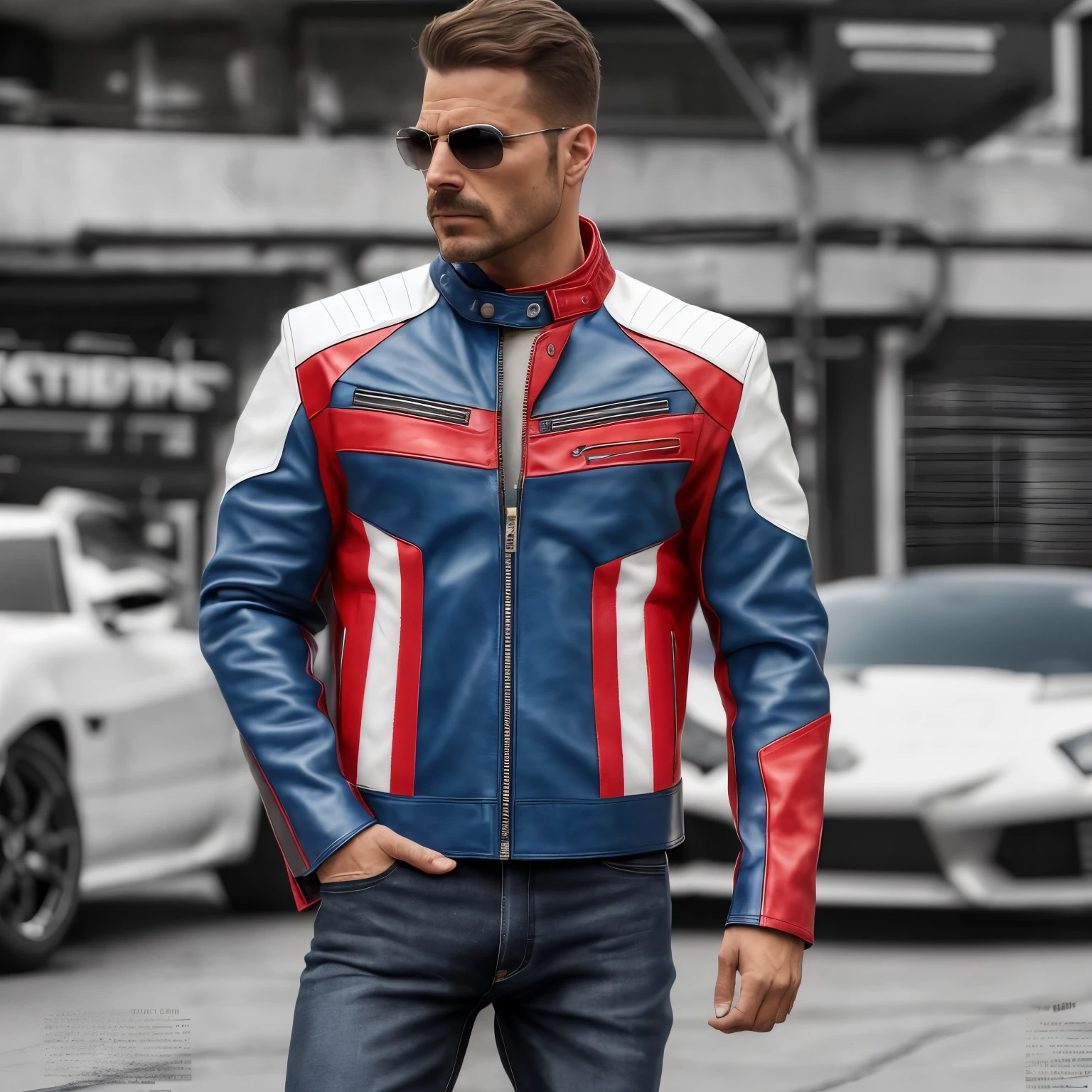 araffe wearing a red, white and blue leather jacket, style of marvel, marvel style, in style of marvel and dc, very aesthetic leather jacket, in style of marvel, leather clothing, blue and red two - tone, leather clothes, wearing cyberpunk leather jacket, marvel 8 0 s style, walter white as captain america, cool red jacket, red leather jacket