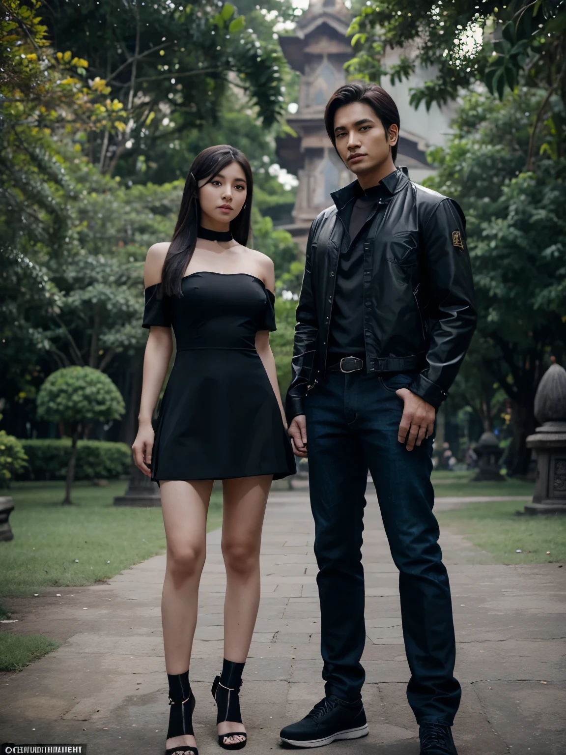 a man and a woman standing next to each other in a Fantasy World Park in indonesia, an image, inspired by Adam Dario Keel, which is trending in the cg community, beautiful young Korean woman dressed in black party dress, jeans, movie screencap, model Elisahes from aquamodels