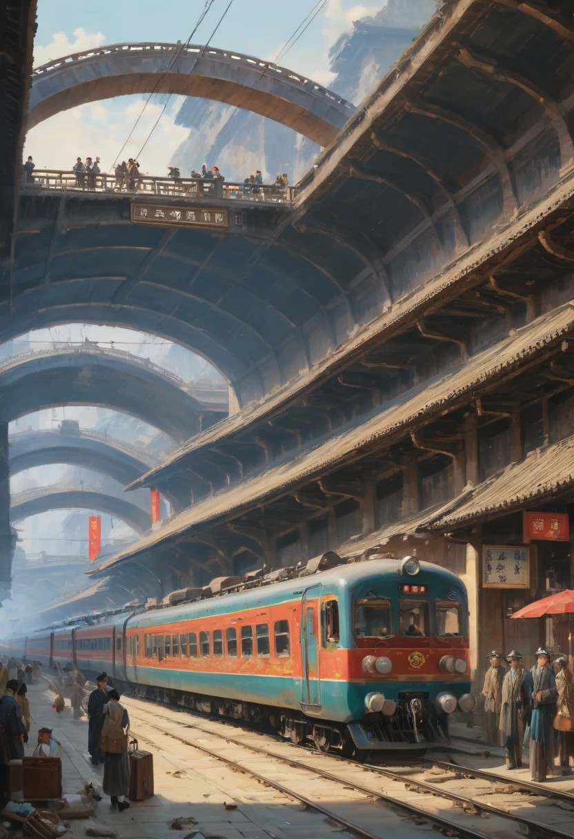 Train Station by zhang daqian, best quality, masterpiece, Representative work, official art, Professional, Ultra intricate detailed, 8k