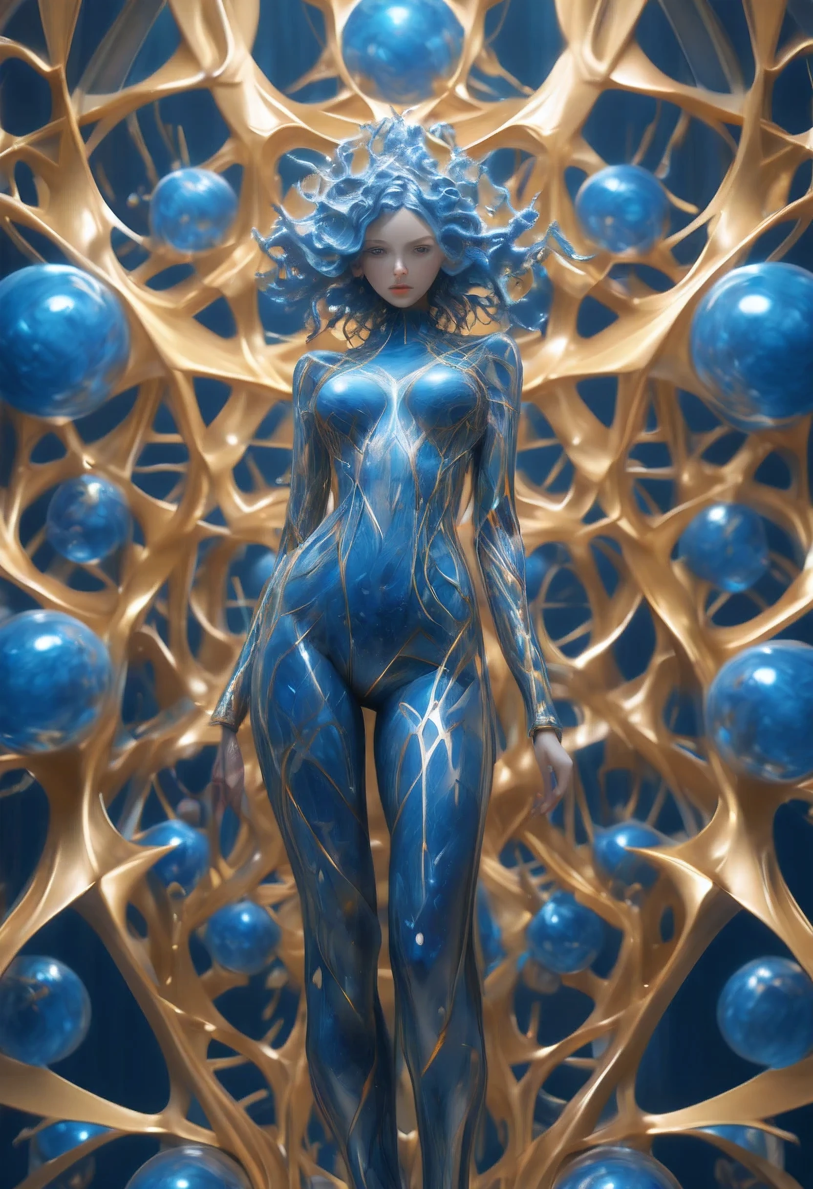 Beautiful sexy 25-year-old woman, full body symmetrical with thick brushstrokes and wet paint, Fibonacci, golden ratio, surrounded by crystal spheres, 3D metal structure tessellation, neural graph, neurons, color, love, passion, incredibly detailed, 8k, masterpiece, artstation, surreal, in blue
