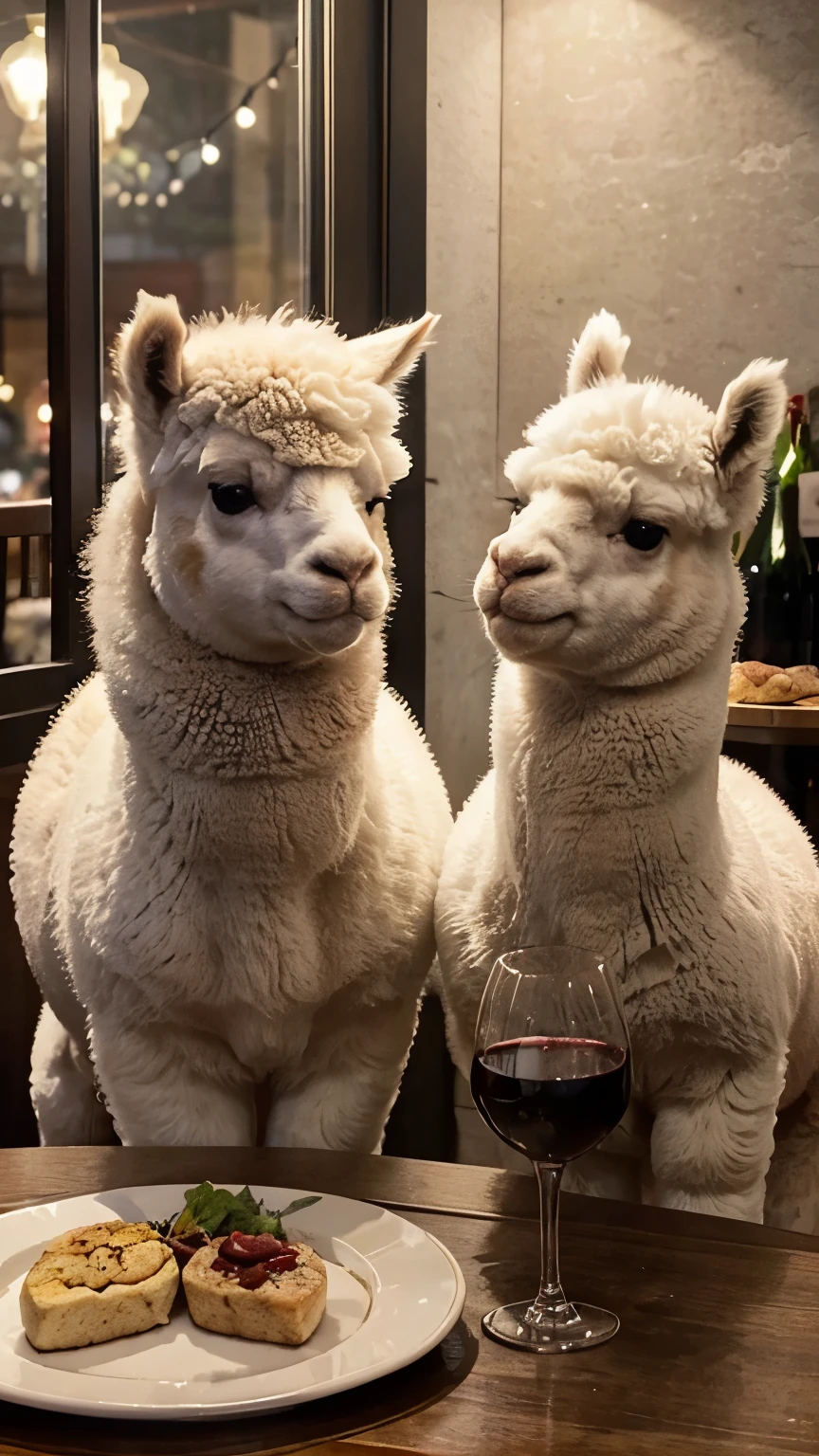 A couple of middle-aged alpaca animals,Sitting at the table in casual clothes,Enjoying a delicious dinner。Female alpaca white fur,The light brown male alpaca is 10cm taller than the white alpaca 。The table is full of plates、tableware、food、Red wine glass and candle。The meal in front of them consisted of rice、chicken、salad and bottle of red wine。Alpacas smiling at each other,Look at each other with love。Outside the restaurant window is the night view of the city and the beautiful little moon。Alpacas are chubby and look particularly cute,fine hair。There is a bottle of red wine on the table。