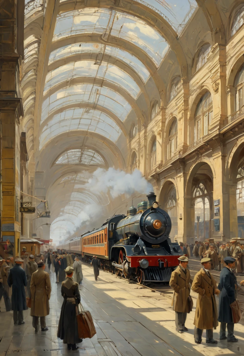 Train Station by Abram Efimovich Arkhipov, best quality, masterpiece, Representative work, official art, Professional, Ultra intricate detailed, 8k