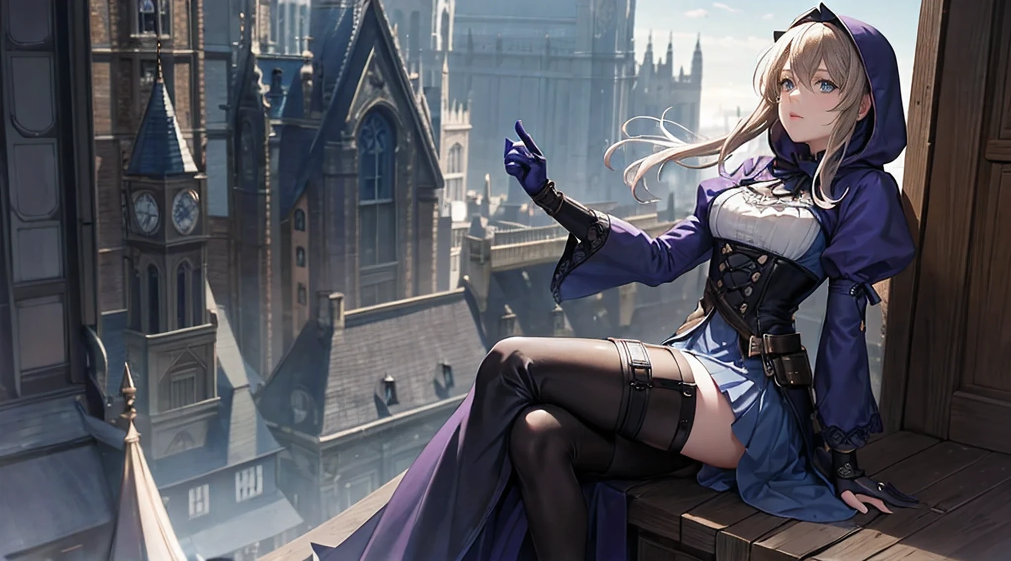 Violet evergarden, wearing an assassins hood, on roof top in England, Victorian era, dark blue attire, metal prosthetics arm, assassin gauntlet