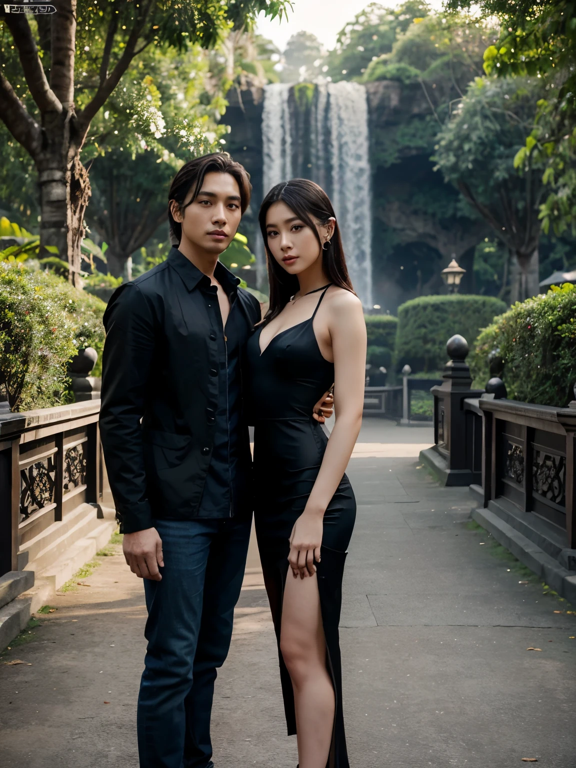 a man and a woman standing next to each other in a Fantasy World Park in indonesia, an image, inspired by Adam Dario Keel, which is trending in the cg community, beautiful young Korean woman dressed in black party dress, jeans, movie screencap, model Elisahes from aquamodels